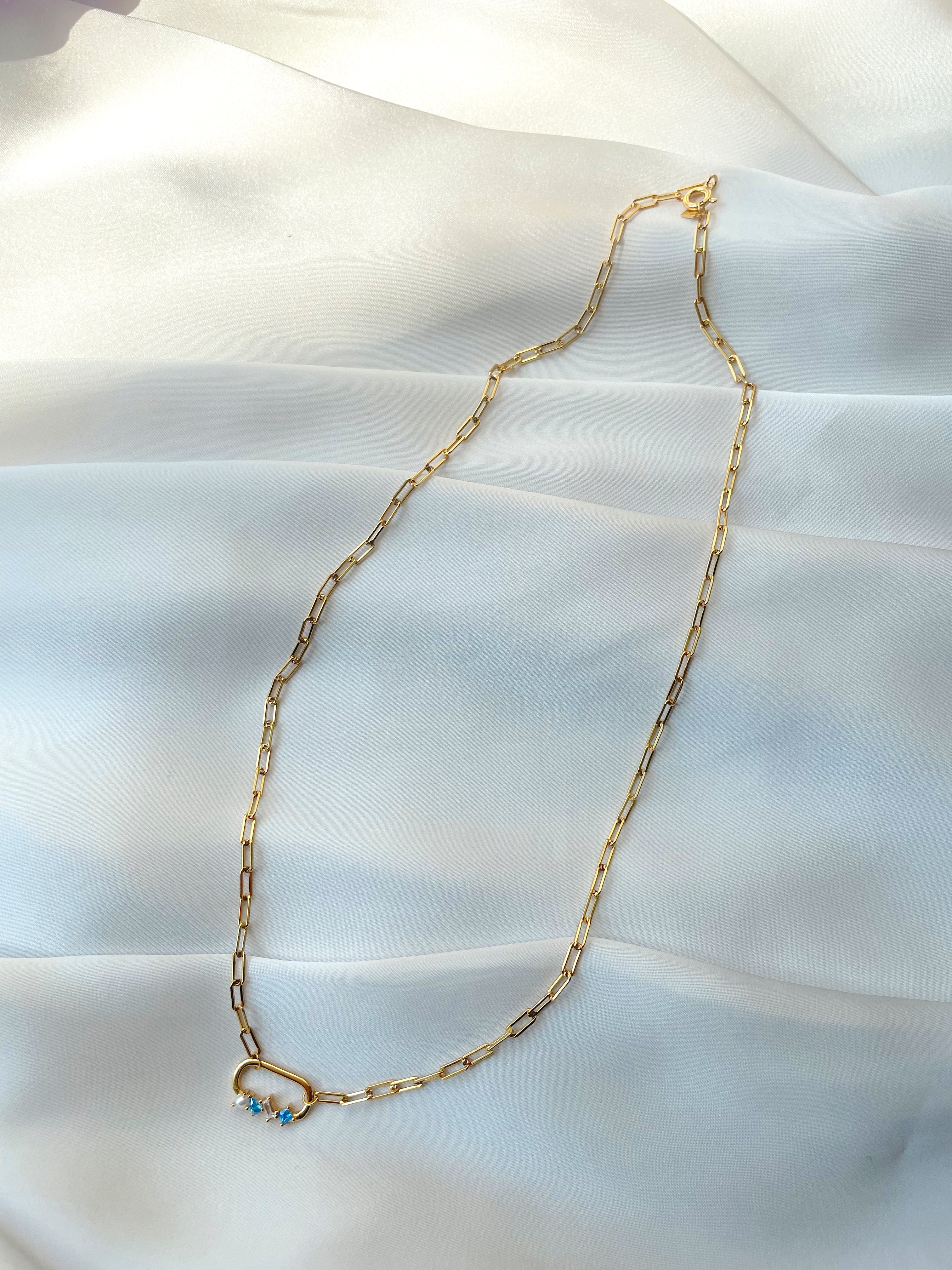 ATLANTIS | S925 Sterling Silver I 18ct Gold Plated I Oval Pearl and Blue/Clear Cubic Zirconia | Pendant Link Necklace