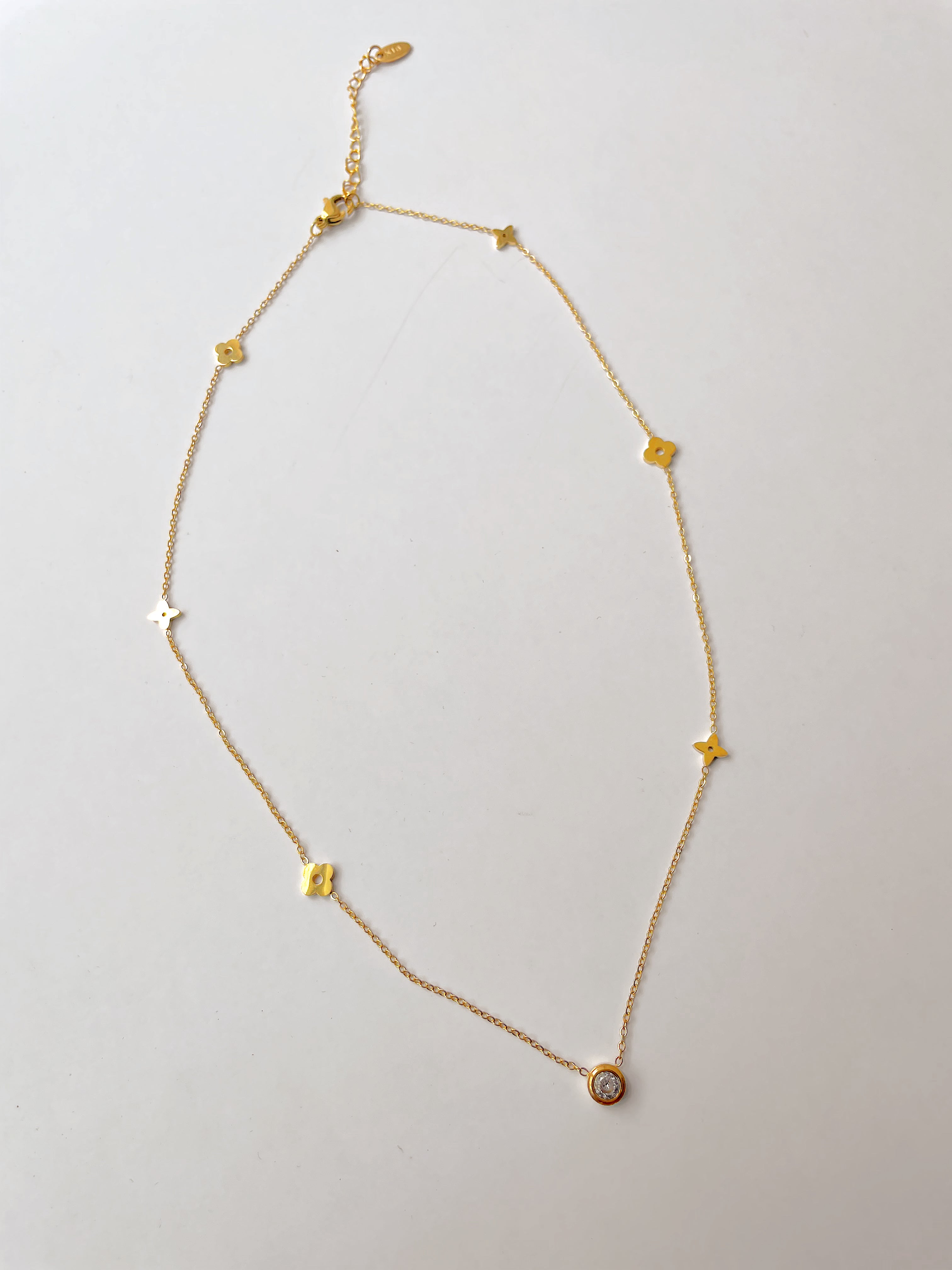 KOLINA | Tarnish-Free | Gold Clear Cubic Zirconia Clover and Flower | Necklace