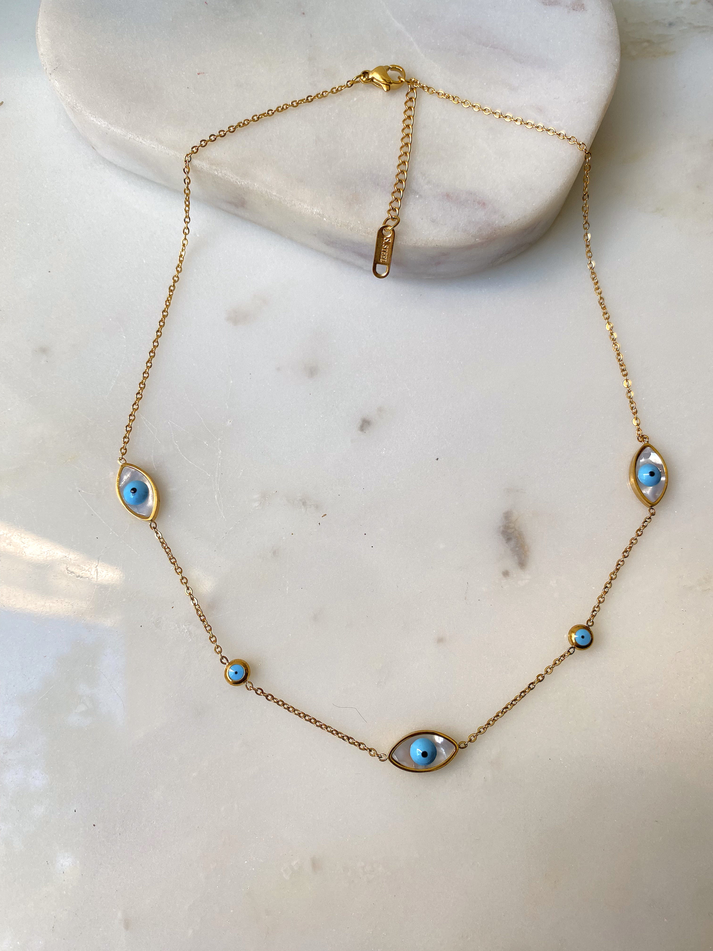 SAMARA | Stainless Steel | Gold And Light Blue Evil Eye | Necklace