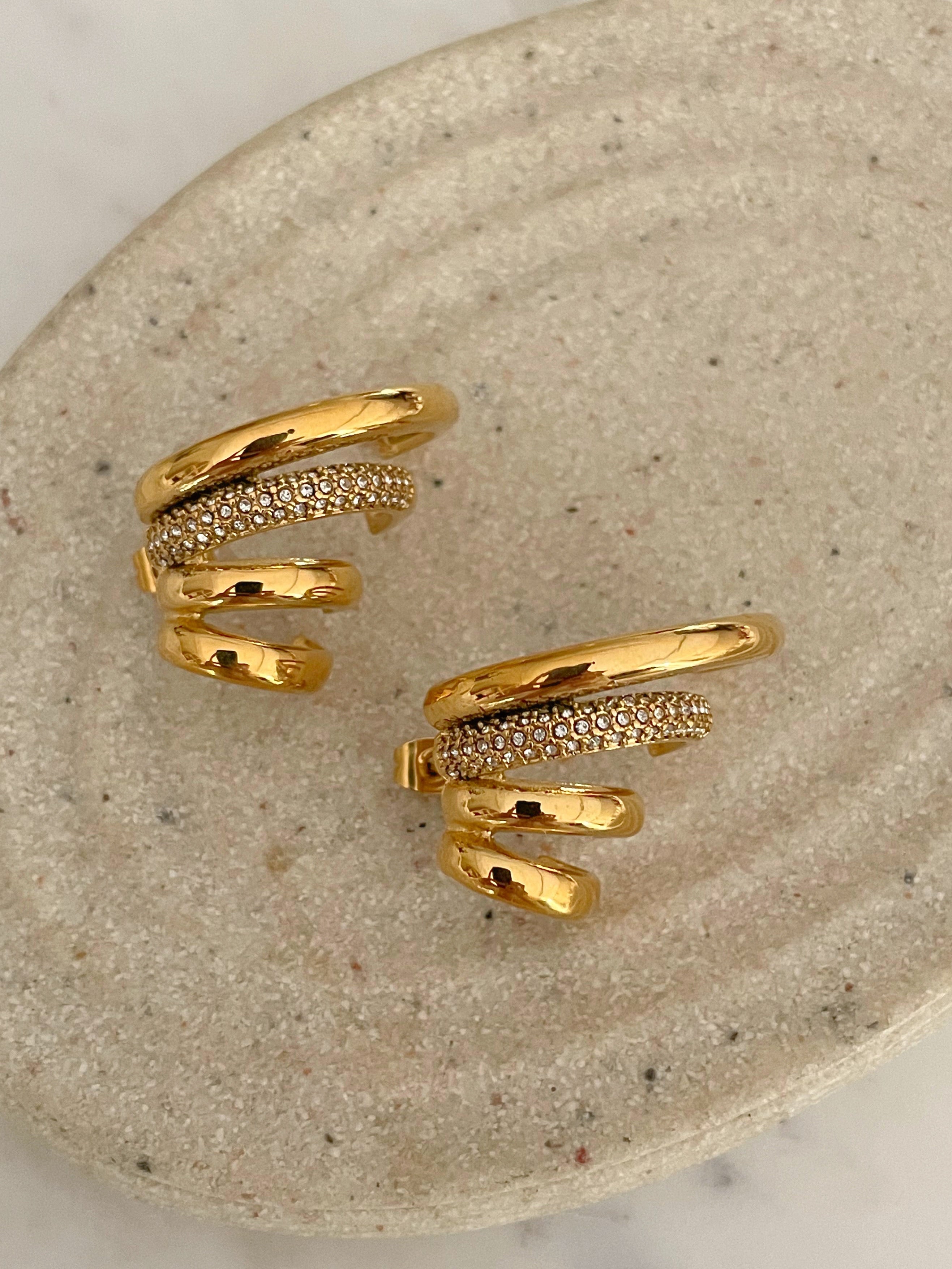 Regal|Tarnish-Free|Gold Curved Earring with Cubic Zirconia