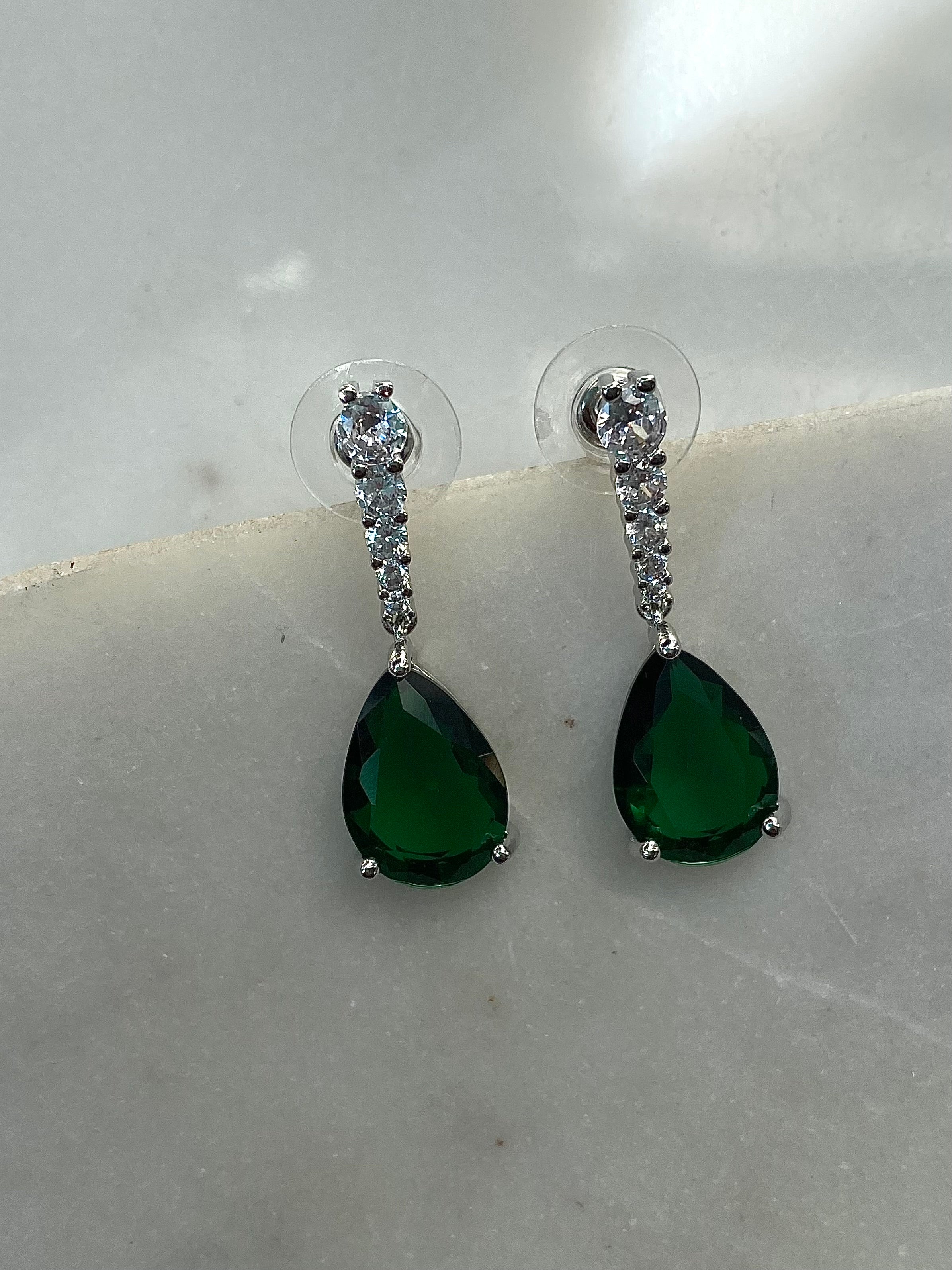 SAHIRA | Emerald and Silver Drop Earring | CUBIC ZIRCONIA