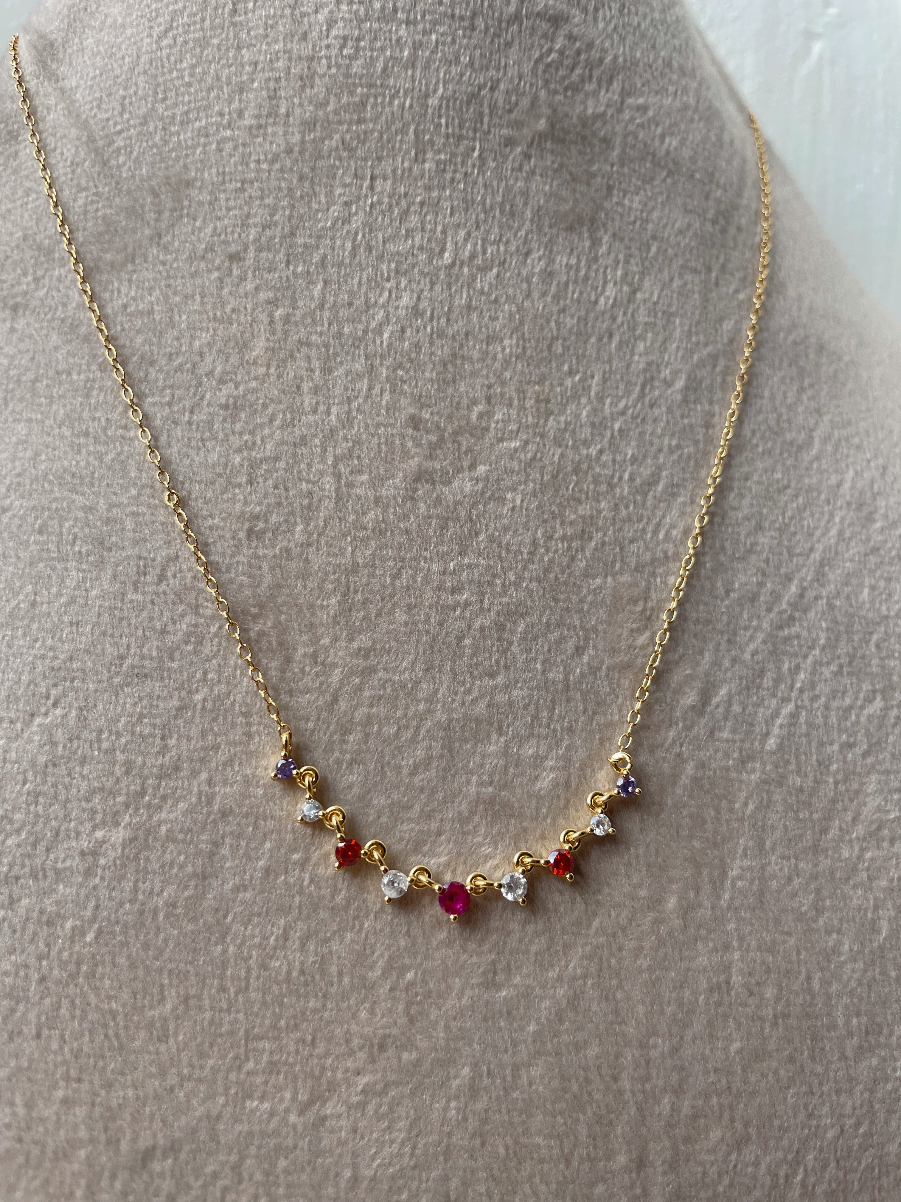 PETAL | S925 Sterling Silver I 18ct Gold Plated I Cubic Zirconia | Pink/Purple/Clear Linear Necklace