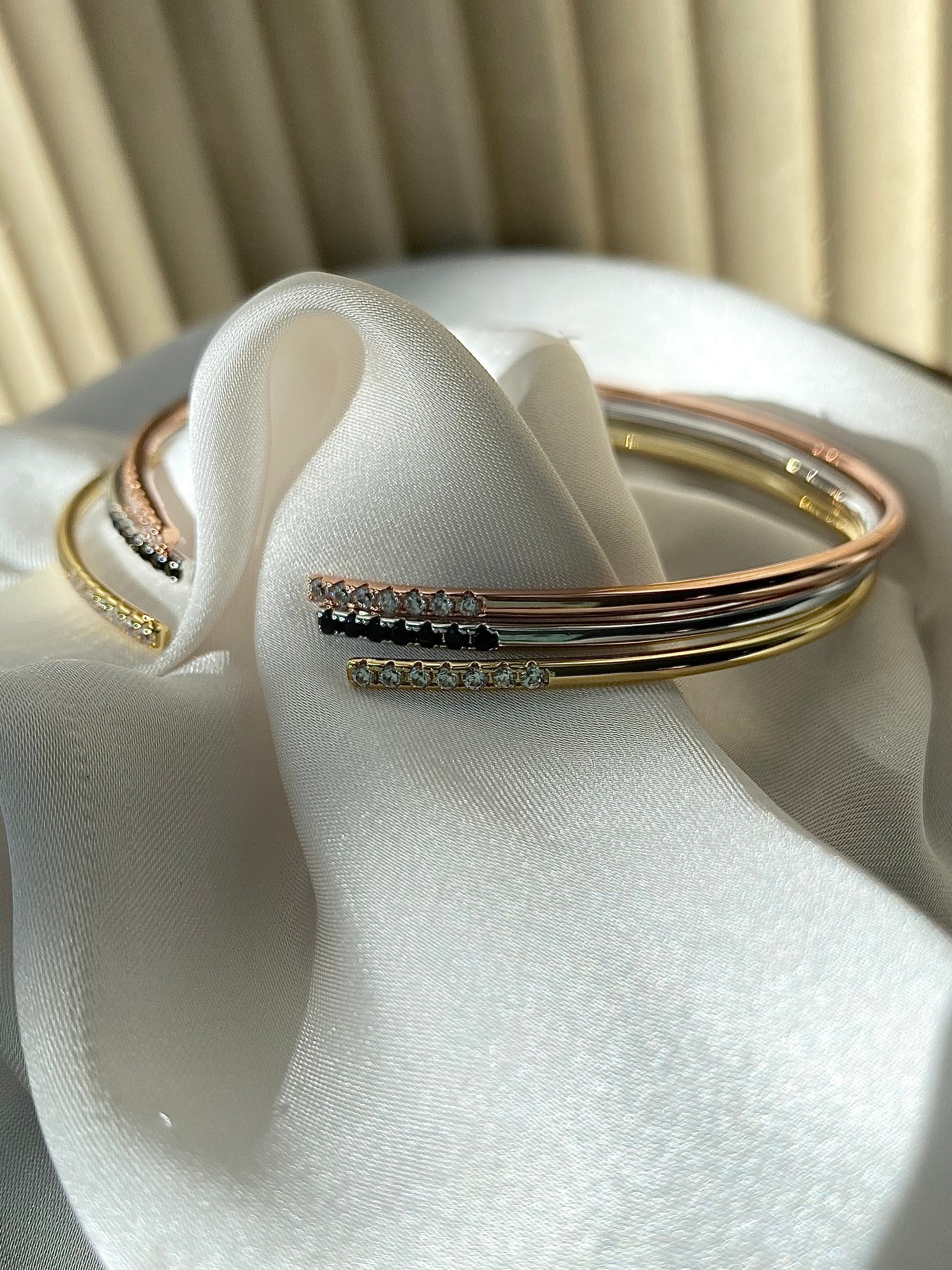 HANAN | Tarnish Free | Stainless Steel | Gold Plated | Gold/Silver/Rose-Gold Encrusted | Open Flexible Cuff Bangle