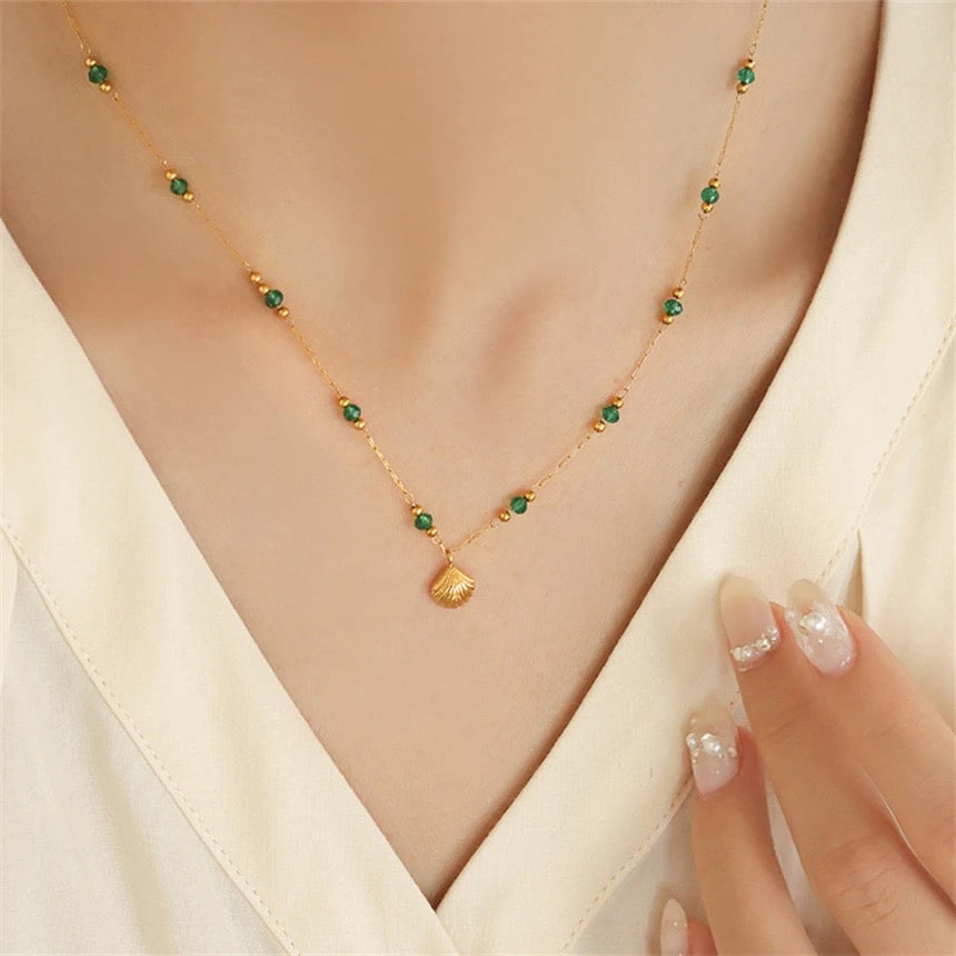 VACAY | Gold Shimmer and Green Bead Shell Charm | Tarnish Free | Dainty Necklace