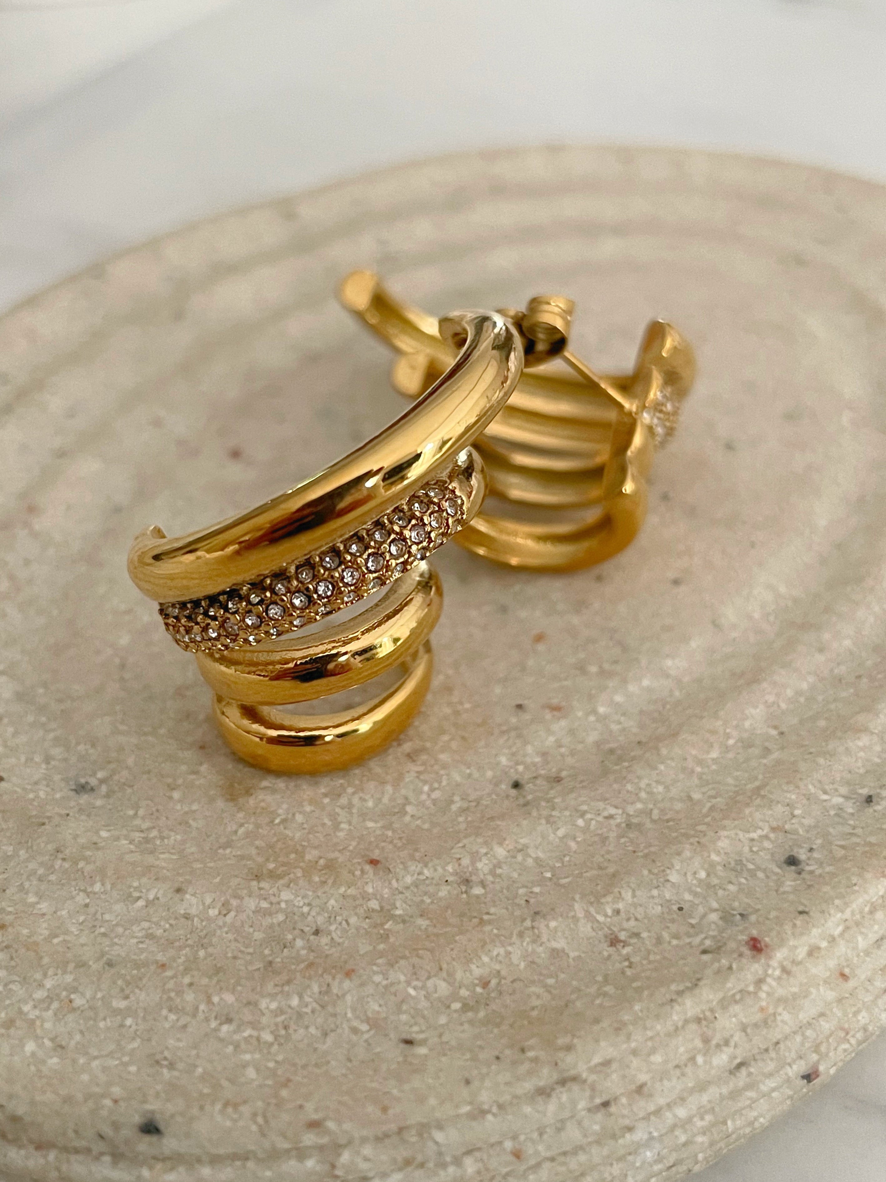 Regal|Tarnish-Free|Gold Curved Earring with Cubic Zirconia