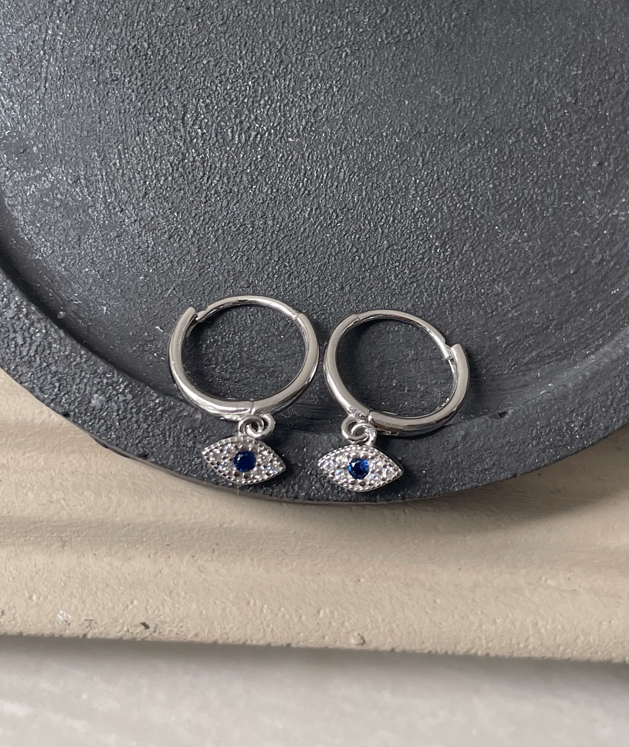 ANISHA | S925 Sterling Silver |18ct Gold/Silver Plated | Clear Cubic Encrusted | Evil Eye Huggies | Earring