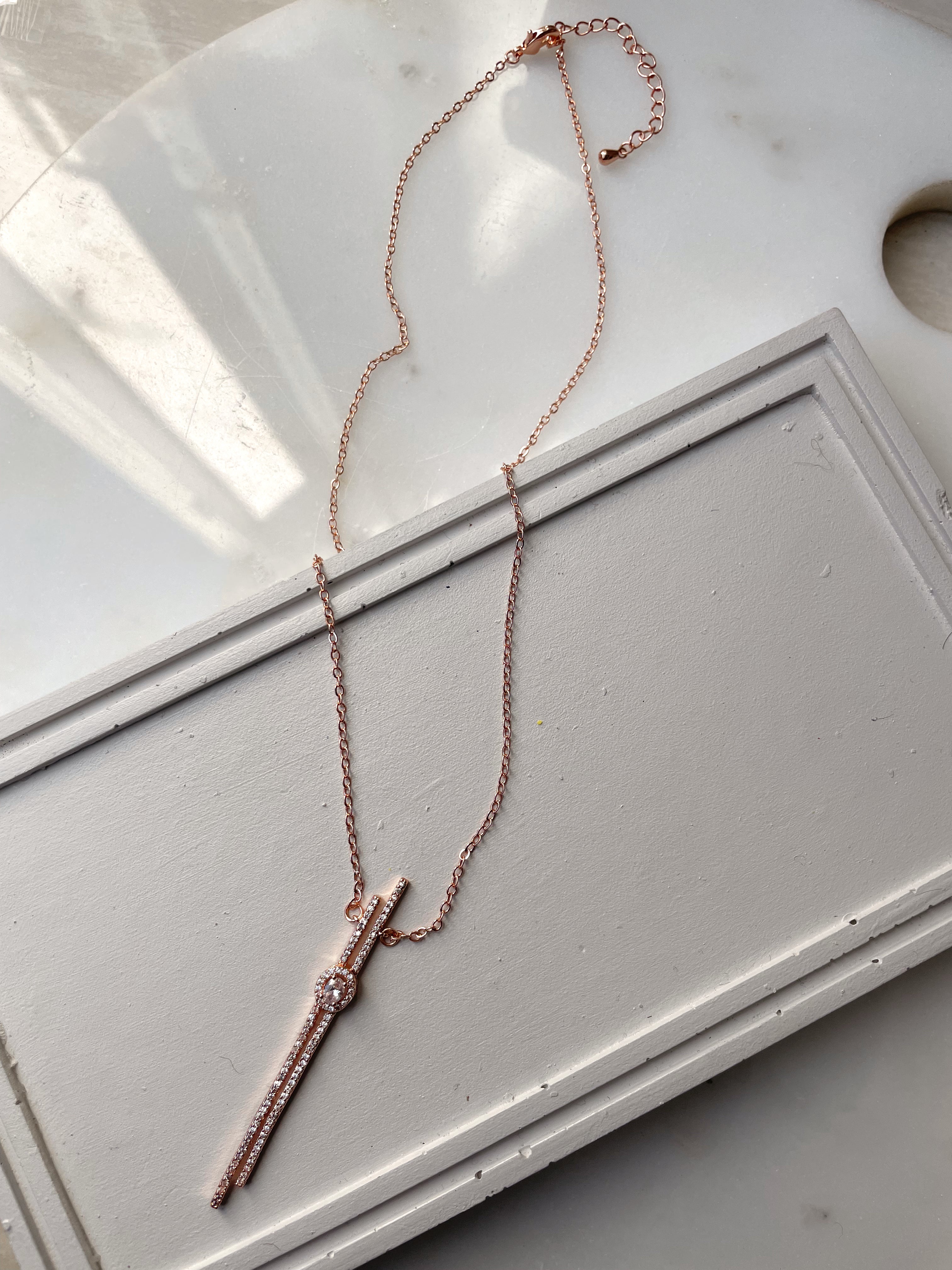 DIAMOND MILE | Silver/Rose-Gold Linear Pendant Luxury Necklace | AAA Grade Cubic Zirconia