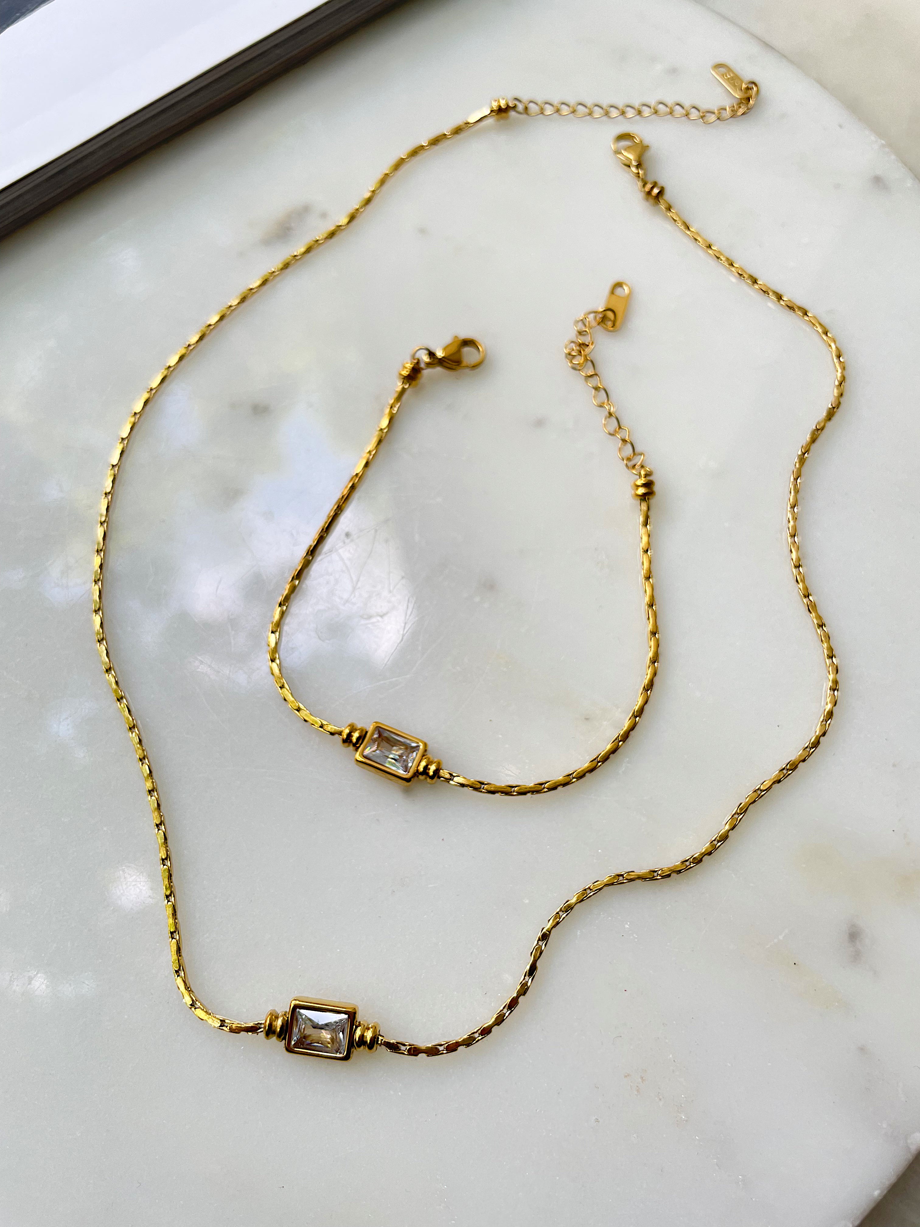 ALTAIRA | Tarnish-Free | Gold/Silver | Cubic Zirconia Rectangular Drop | Necklace/Bracelet