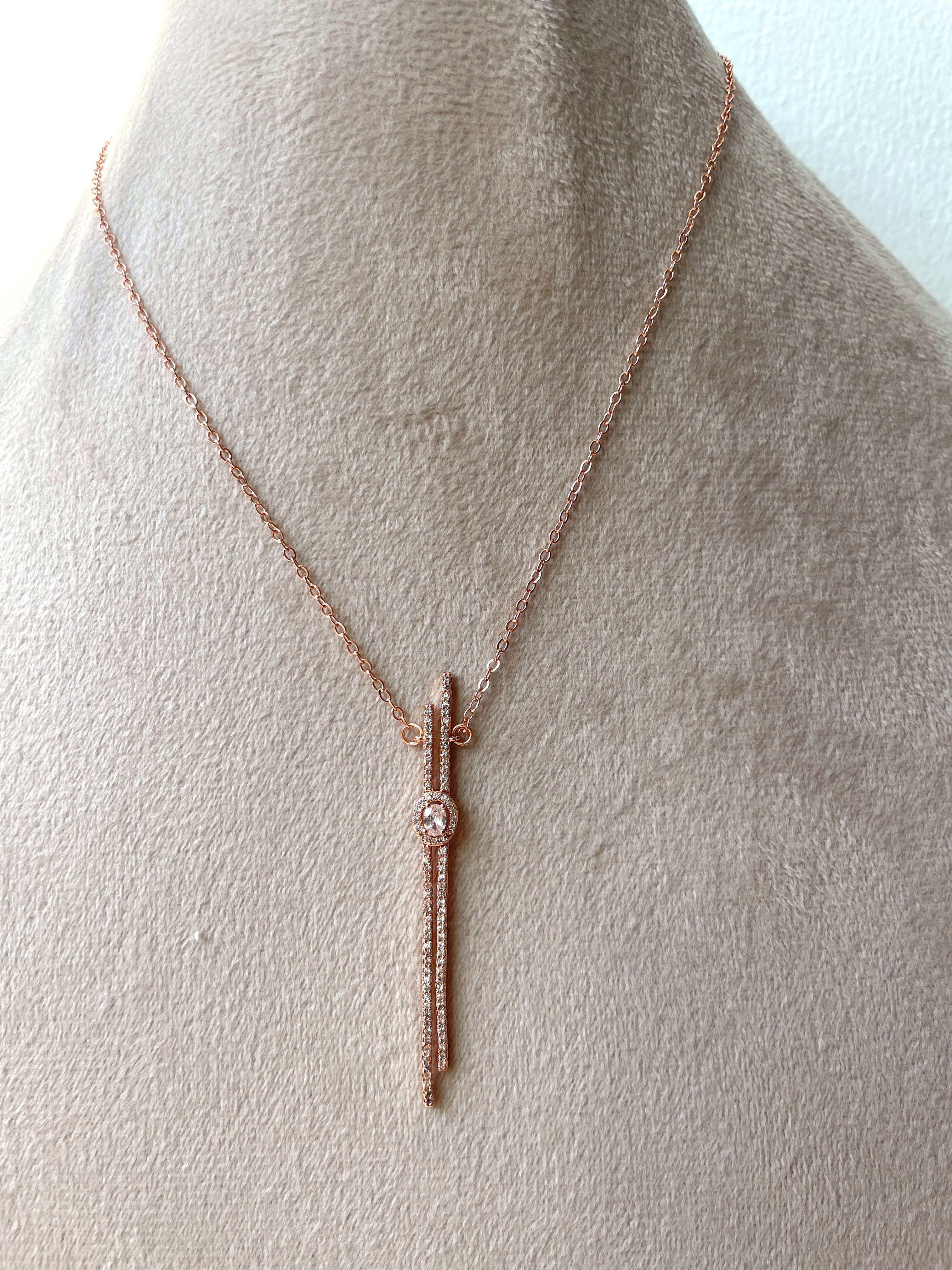 DIAMOND MILE | Silver/Rose-Gold Linear Pendant Luxury Necklace | AAA Grade Cubic Zirconia