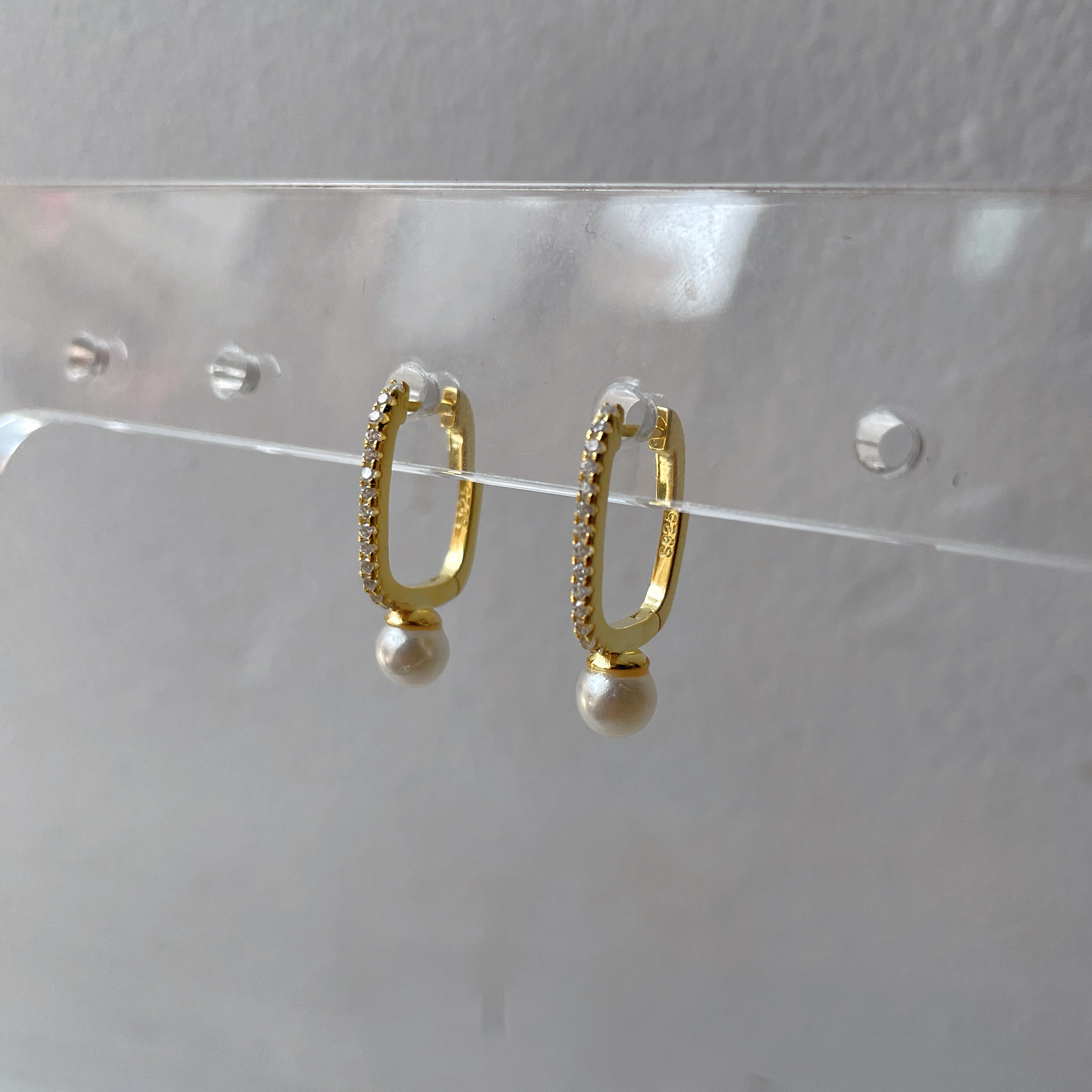 LITA | S925 Sterling Silver | Gold/Platinum Plated I Cubic Zirconia | Rectangular Pearl Huggie | Earring