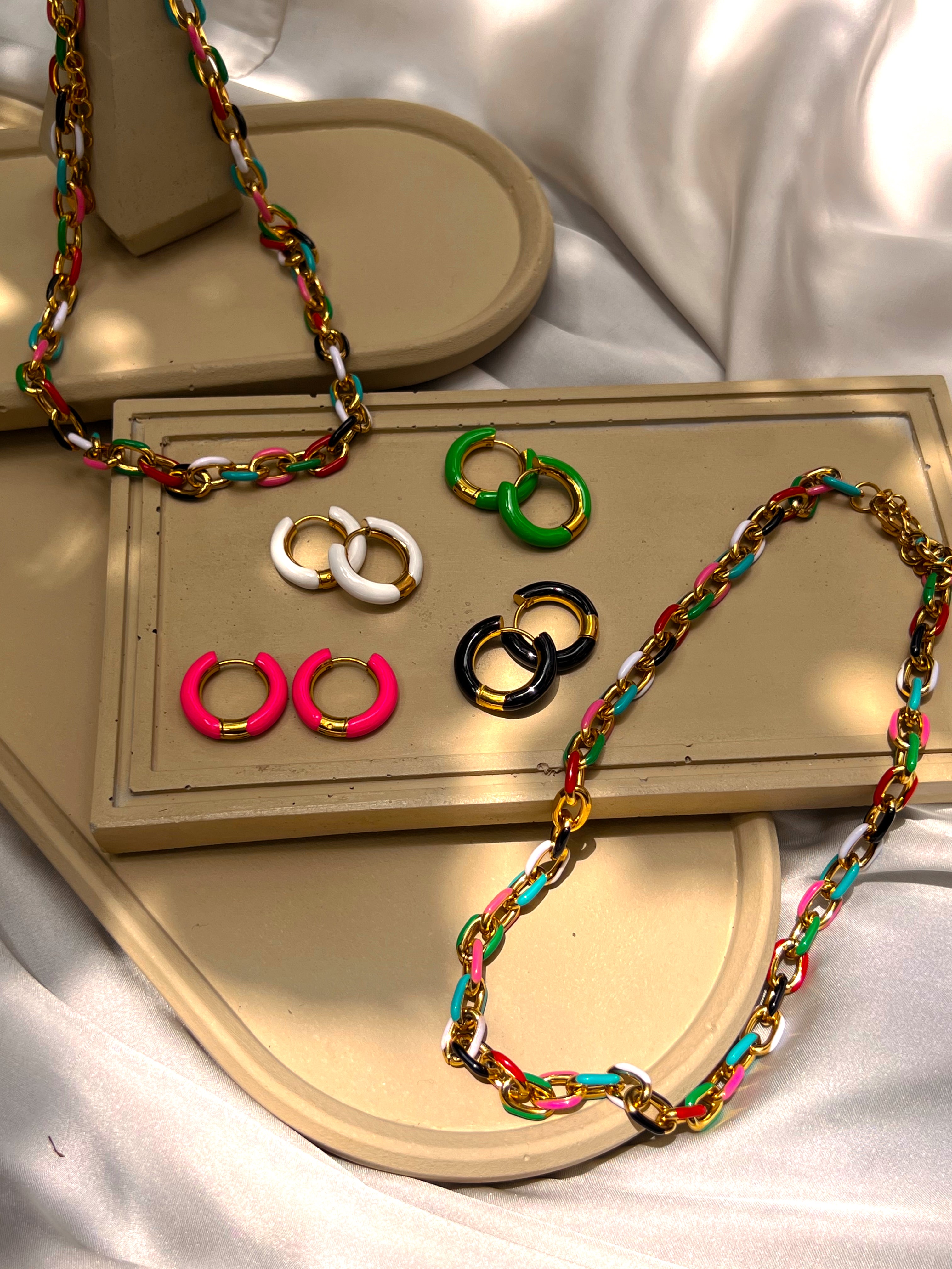 SUMMER LOVIN’ | Tarnish Free | Gold Enamel Black/White/Pink/Green Hoops | Earrings