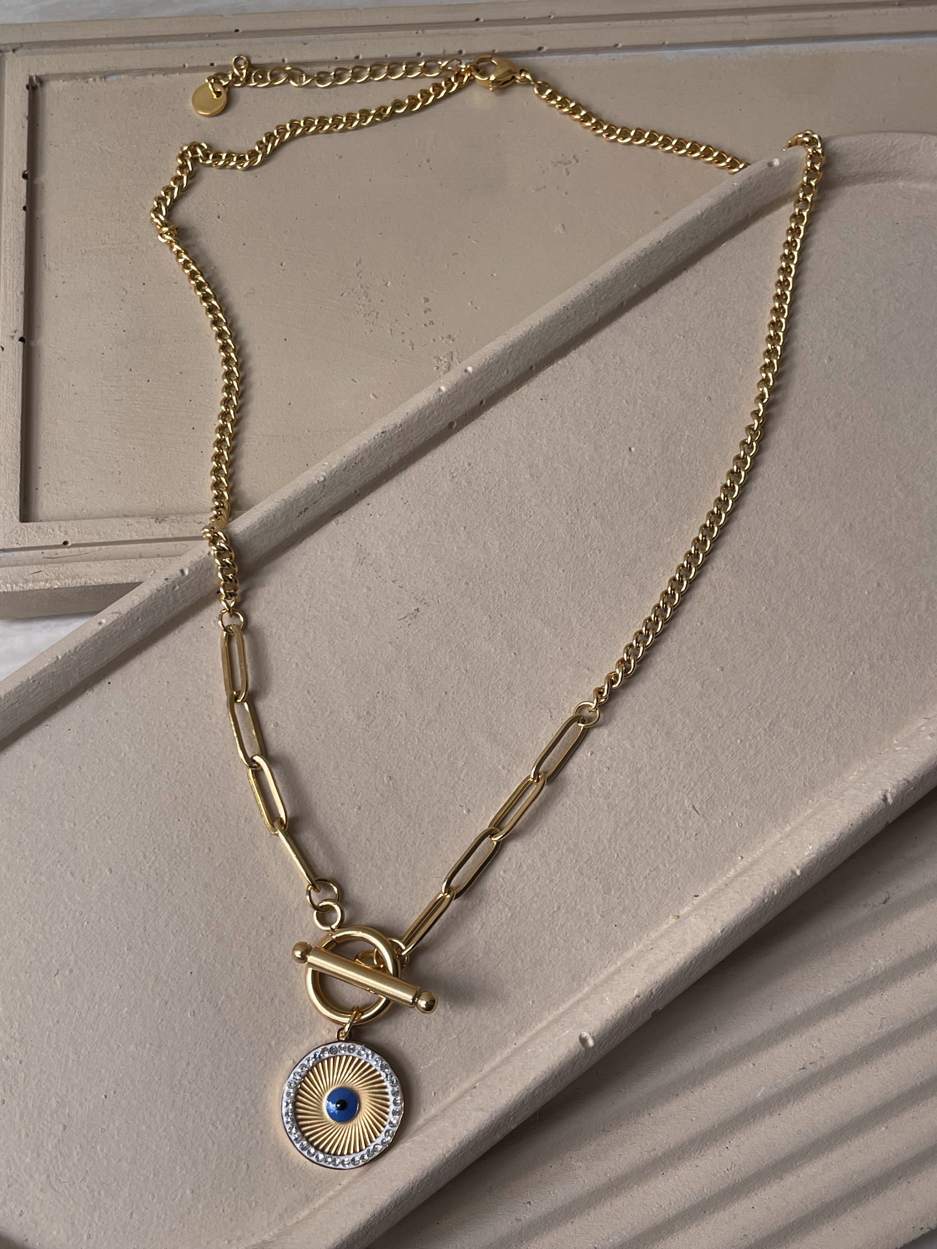 SAI | Tarnish Free | Stainless Steel | Gold Plated | Evil Eye Toggle Paperclip | Necklace