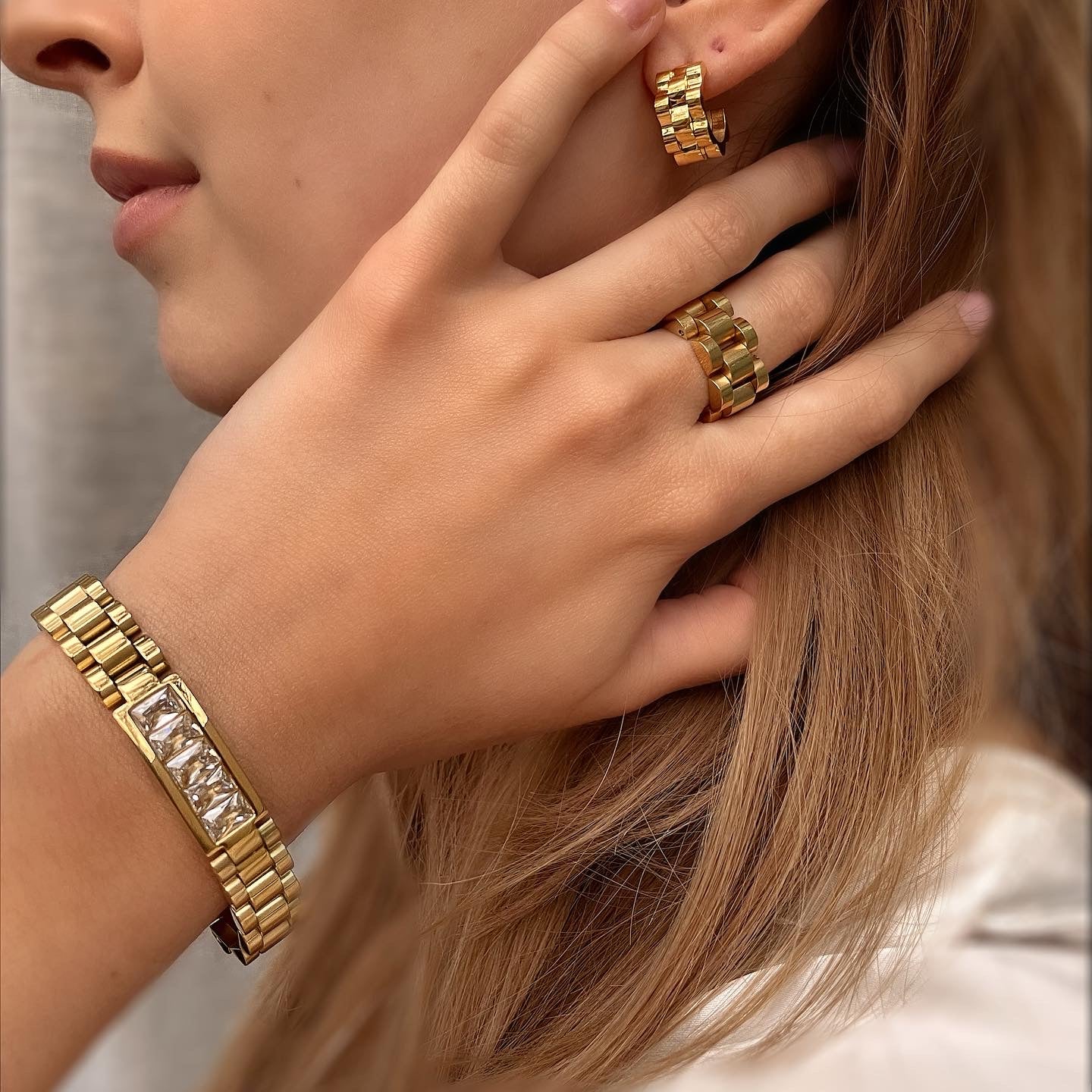 BEVERLY HILLS | Tarnish-Free | Gold Cubic Zirconia Chunky Link | Bracelet/Ring/Earrings