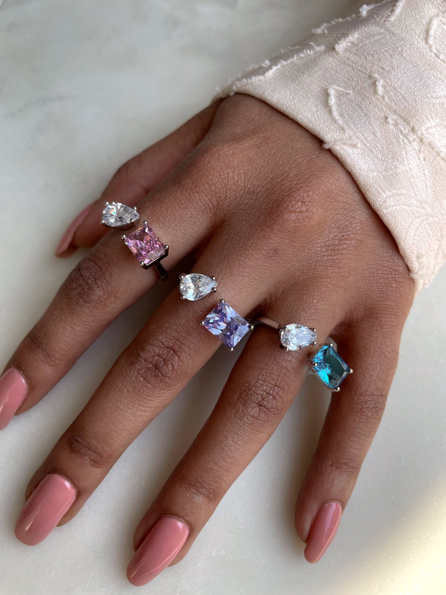 ADRIANA I Luxury Silver Emerald Open Ring | AAA Grade Cubic Zirconia I Adjustable