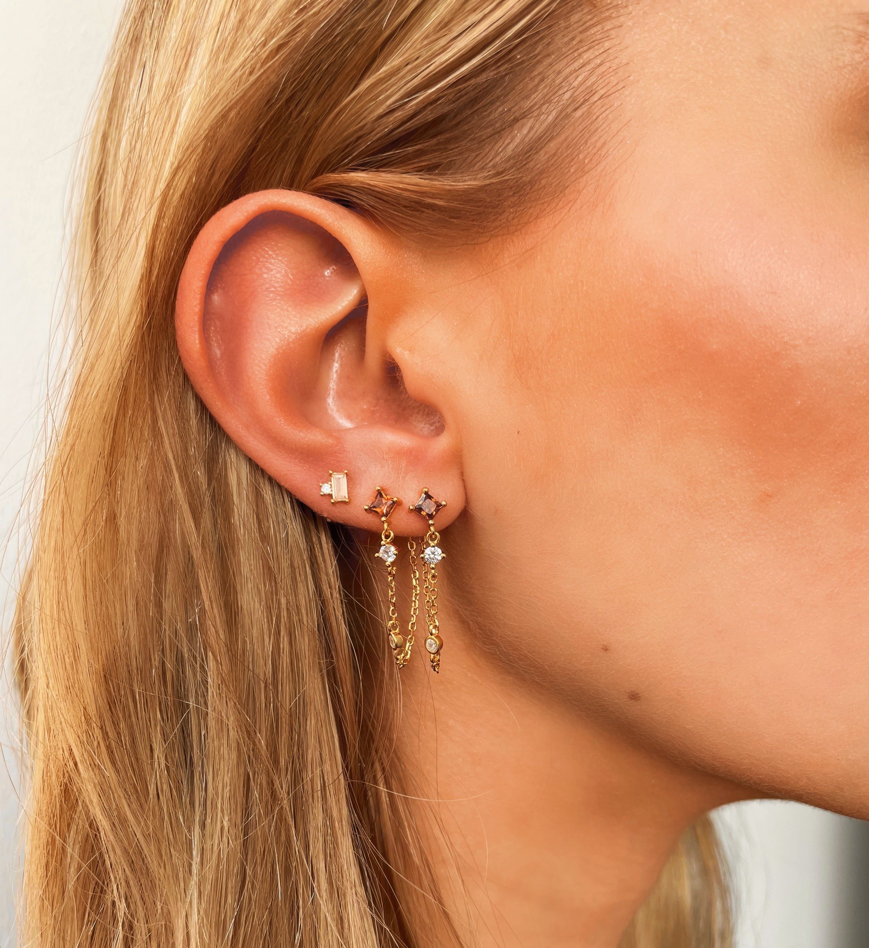 KIMBERLY | S925 Sterling Silver 18ct Gold Plated I Stud Drop Chain Earring (Pair)