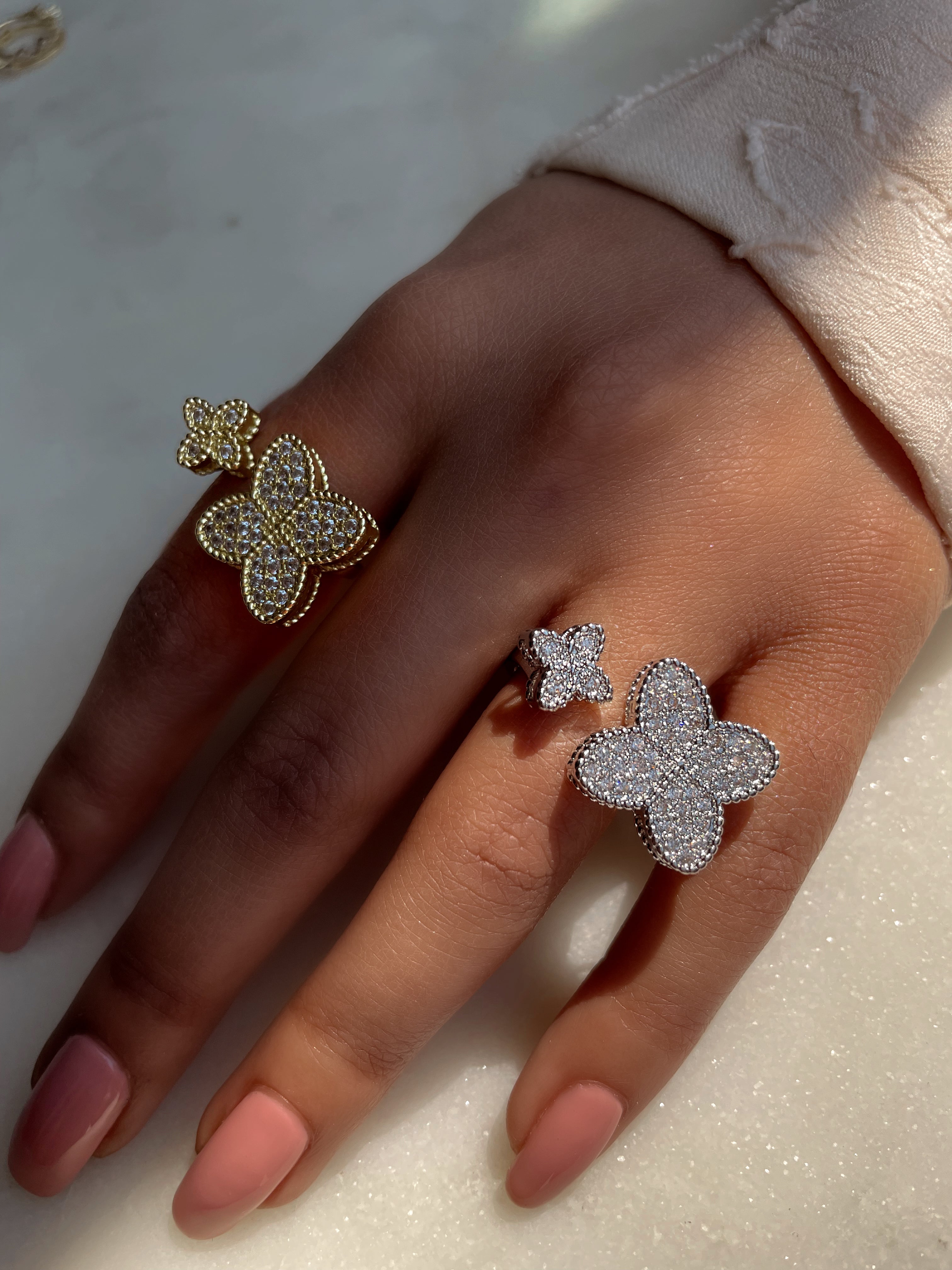 KHLOE I Luxury Silver/Gold Clover Open Ring | AAA Grade Cubic Zirconia I Adjustable