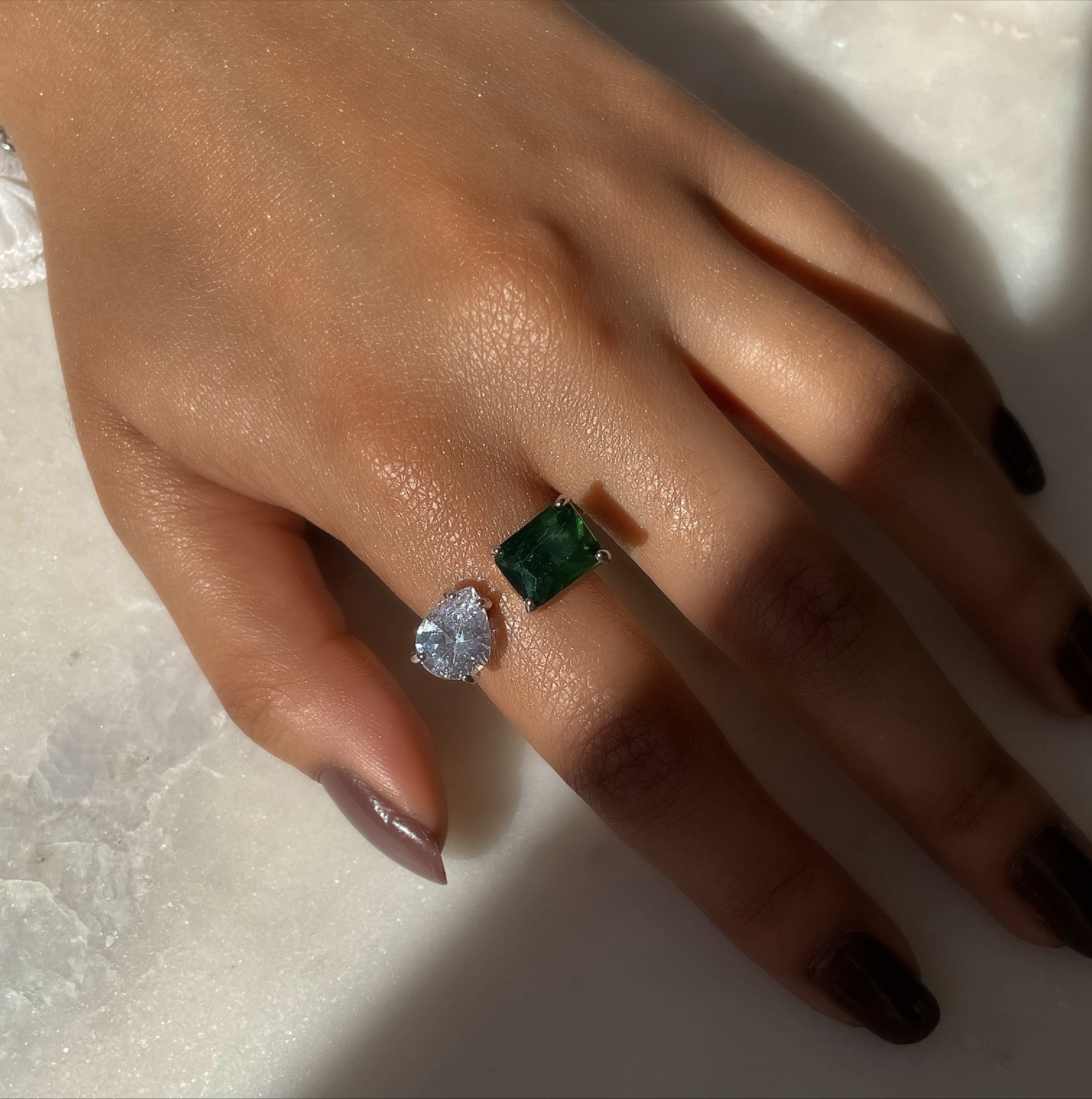ADRIANA I Luxury Silver Emerald Open Ring | AAA Grade Cubic Zirconia I Adjustable