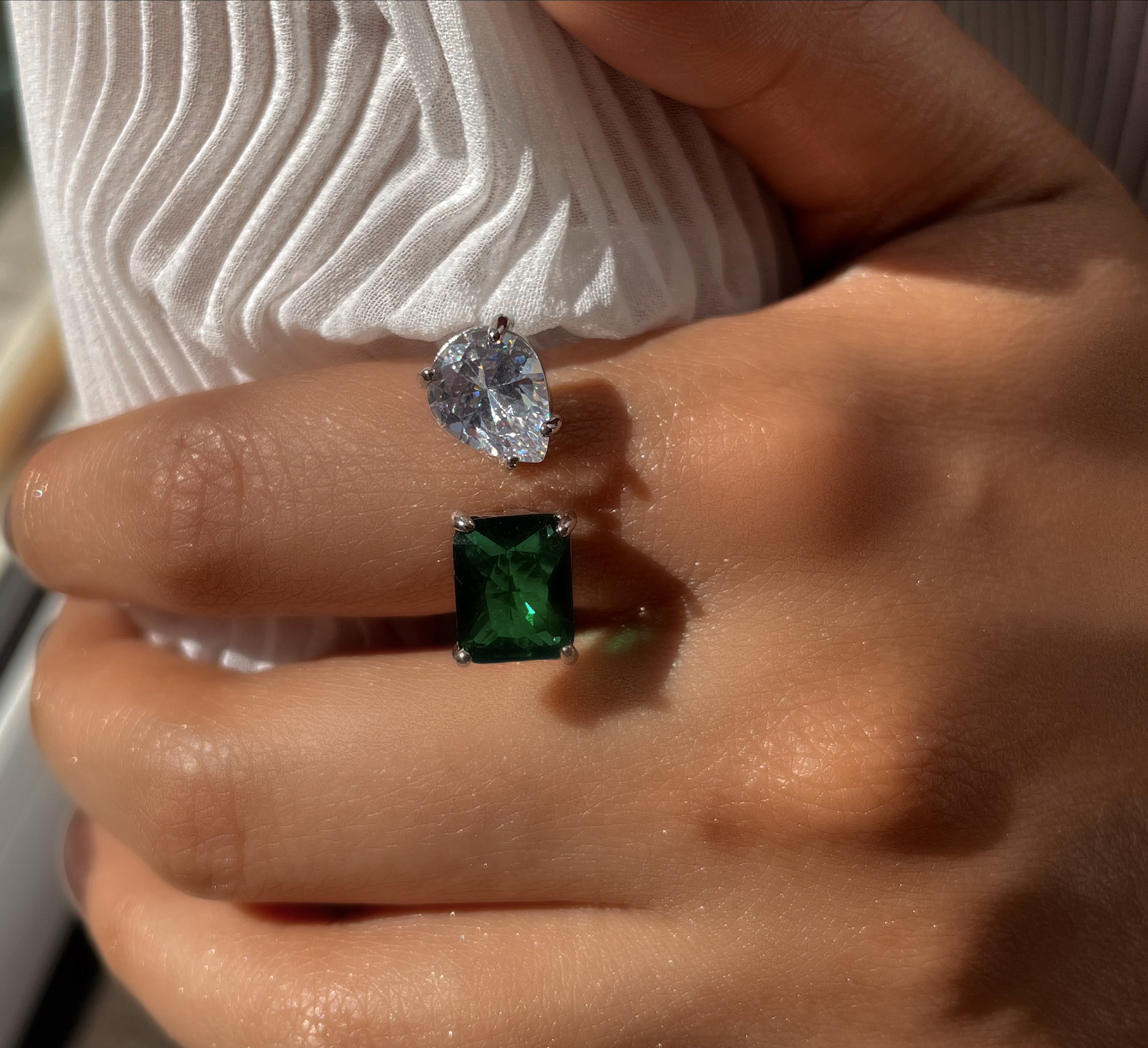 ADRIANA I Luxury Silver Emerald Open Ring | AAA Grade Cubic Zirconia I Adjustable
