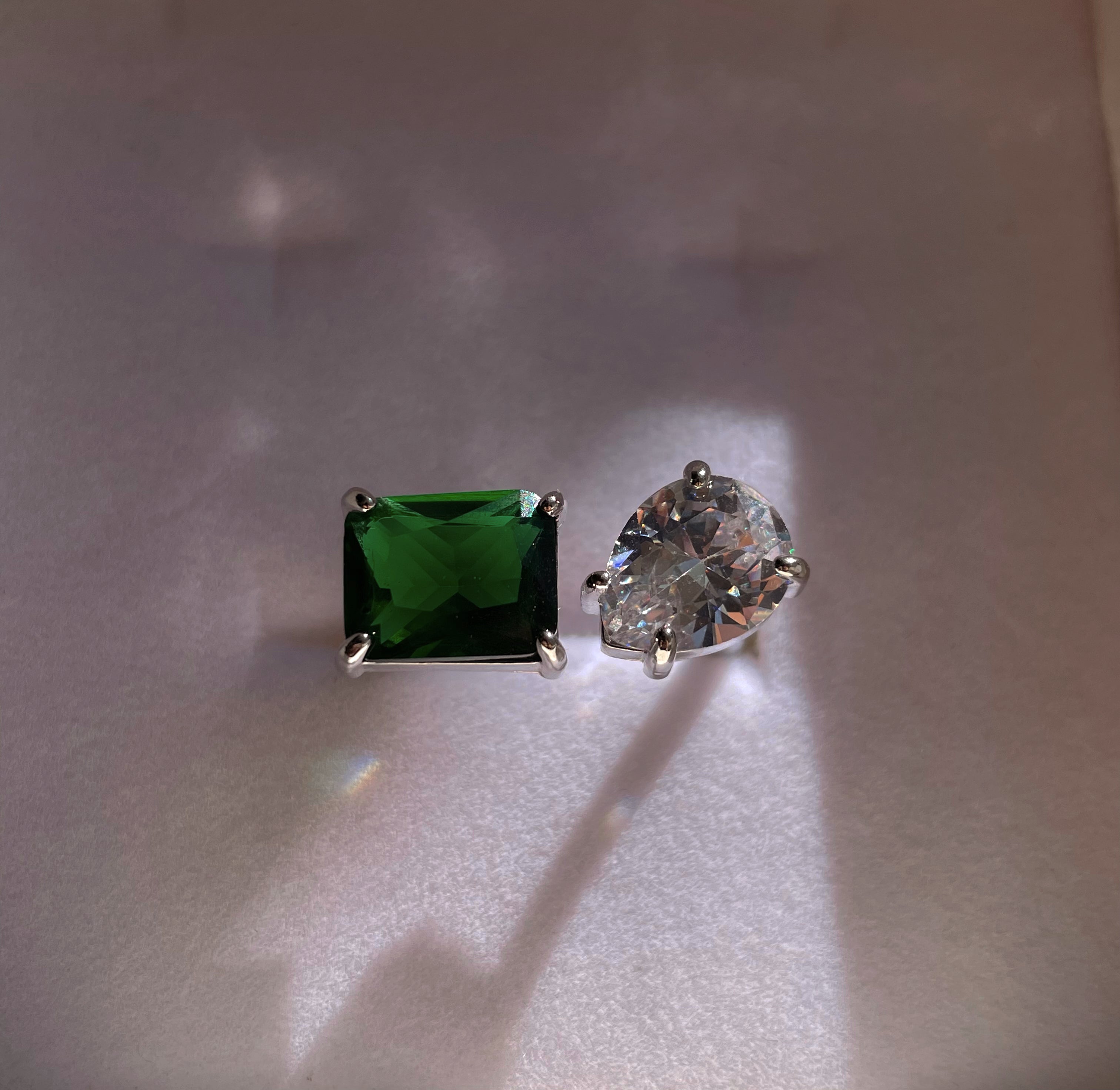 ADRIANA I Luxury Silver Emerald Open Ring | AAA Grade Cubic Zirconia I Adjustable