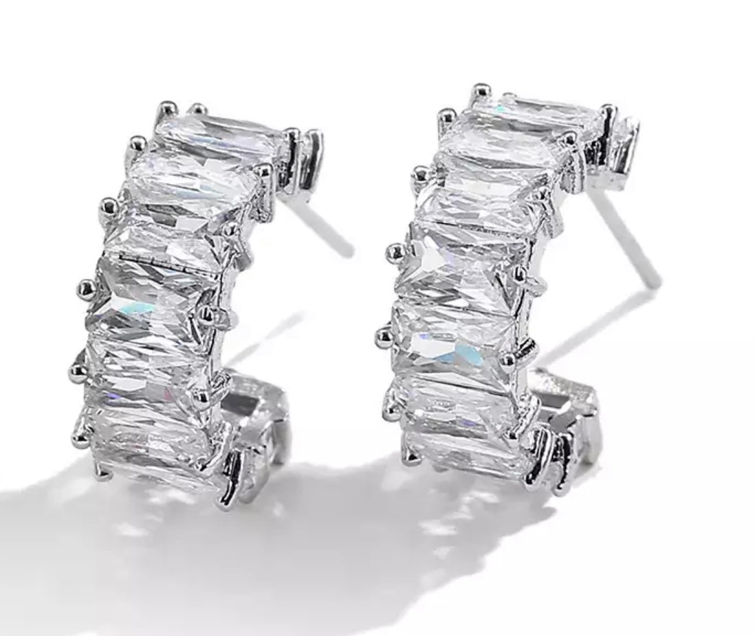 AZRA | Gold Clear/Silver Clear/MultiCol Cubic Zirconia Baguette Huggies