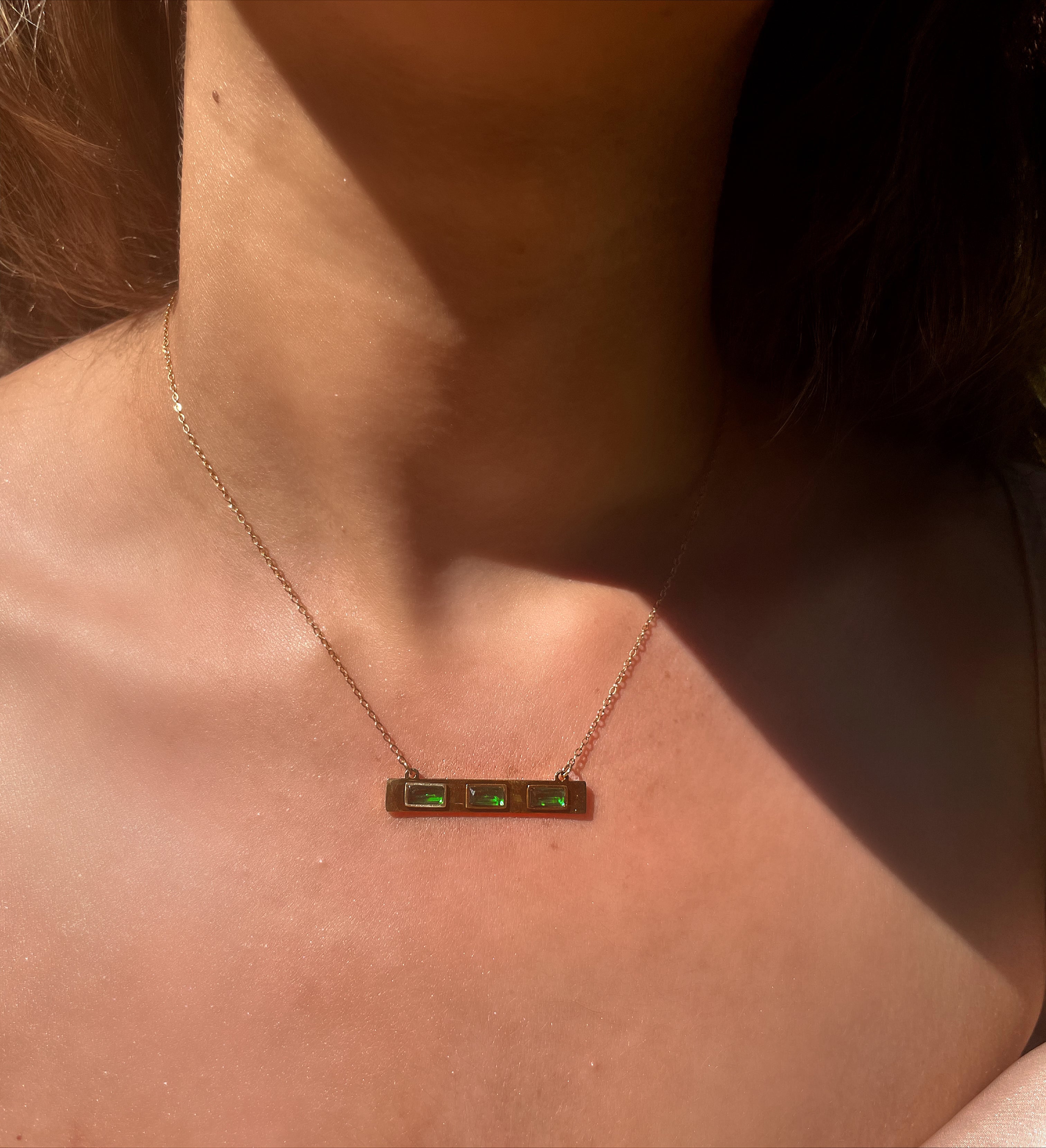 SLOANE | Tarnish Free | Gold Cubic Zirconia Emerald/Clear Bar Pendant | Necklace