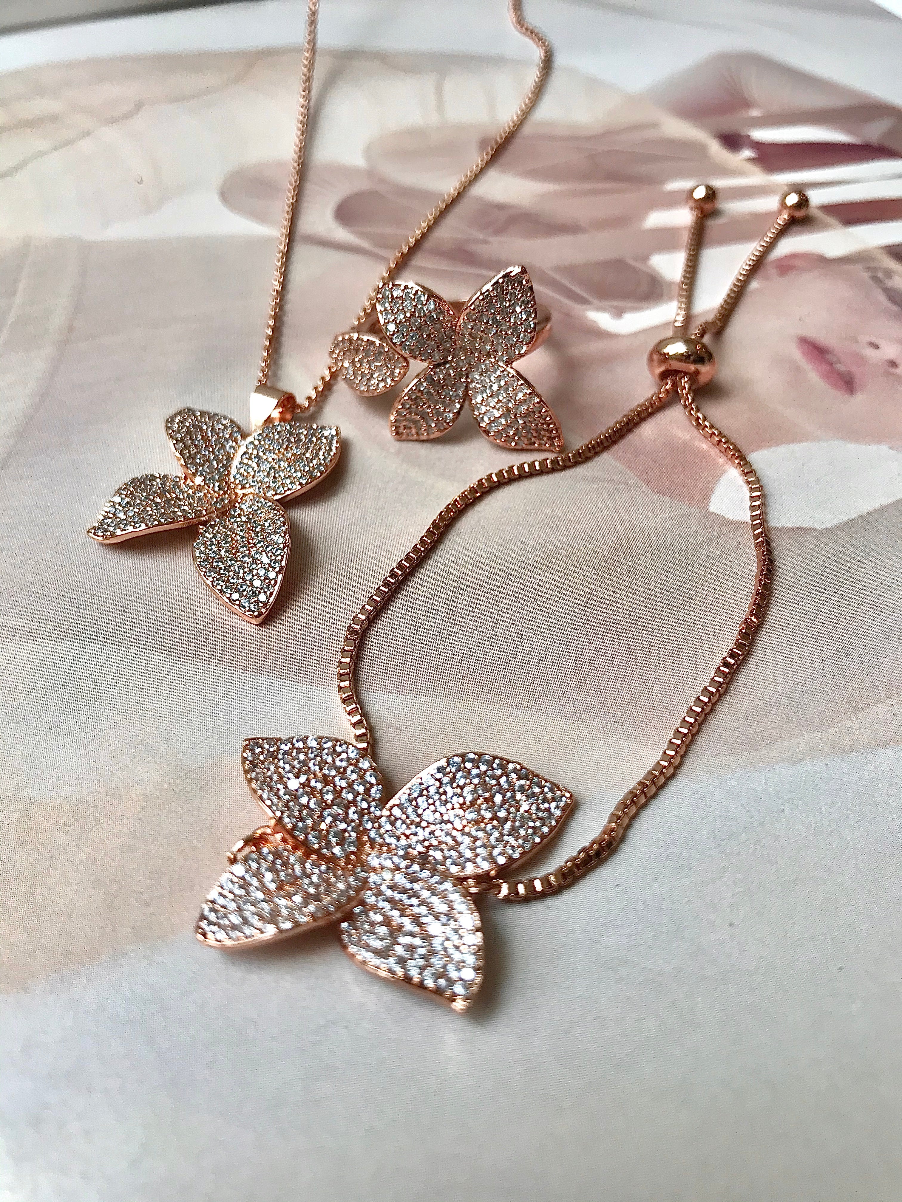 MARIAH I Cubic Zirconia Pavé Flower Jewel Encrusted Flower Bracelet/Ring