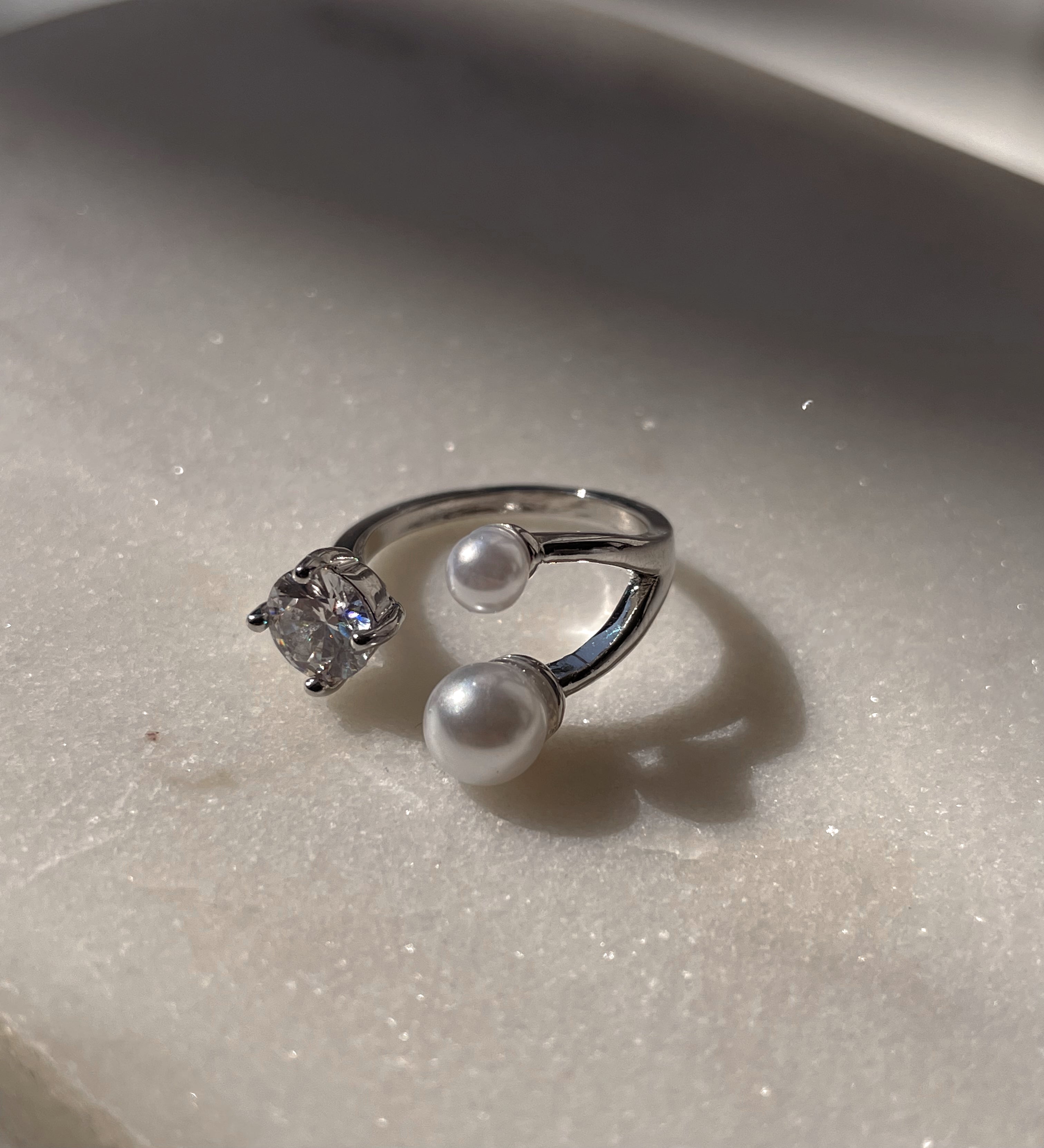 STELLA I Luxury Silver Open Ring | AAA Grade Cubic Zirconia/Pearl I Adjustable