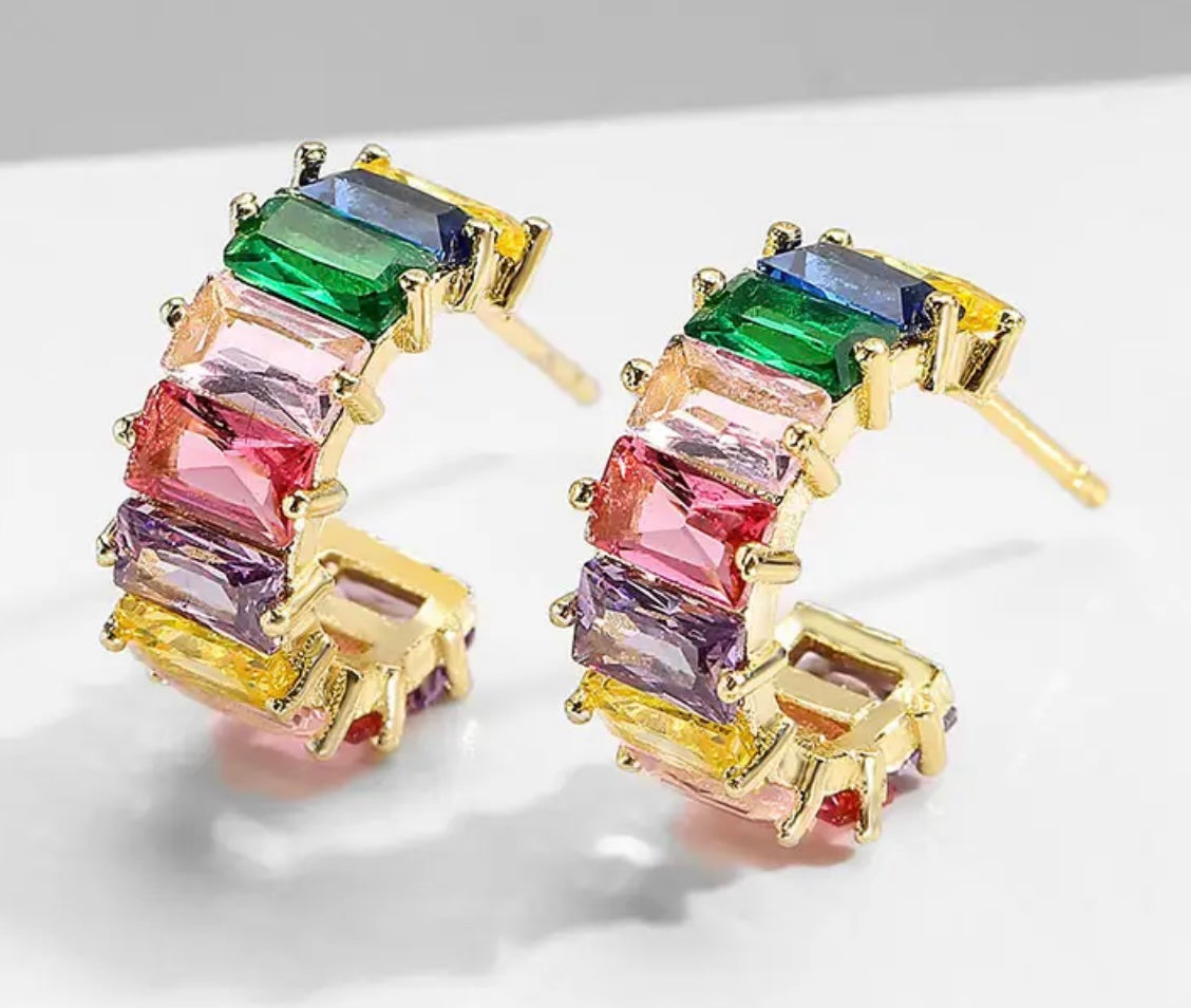 AZRA | Gold Clear/Silver Clear/MultiCol Cubic Zirconia Baguette Huggies