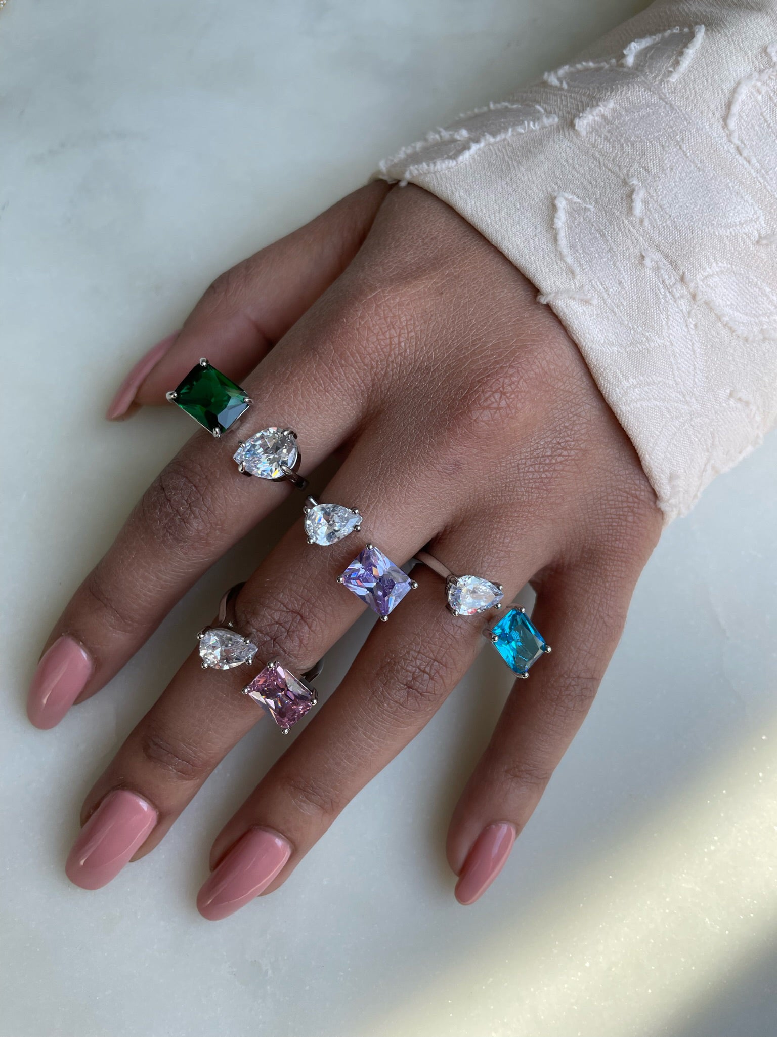 ADRIANA I Luxury Silver Emerald Open Ring | AAA Grade Cubic Zirconia I Adjustable