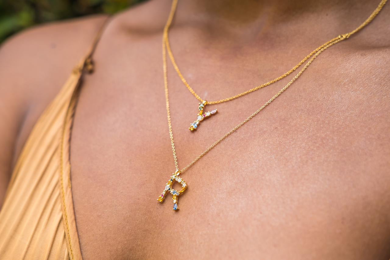 AMOUR I Initial I S925 Sterling Silver I 18ct gold plated I Multicolour I Cubic Zirconia I Letter Necklace