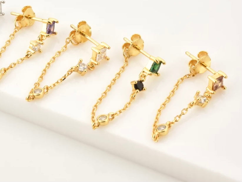 KIMBERLY | S925 Sterling Silver 18ct Gold Plated I Stud Drop Chain Earring (Pair)