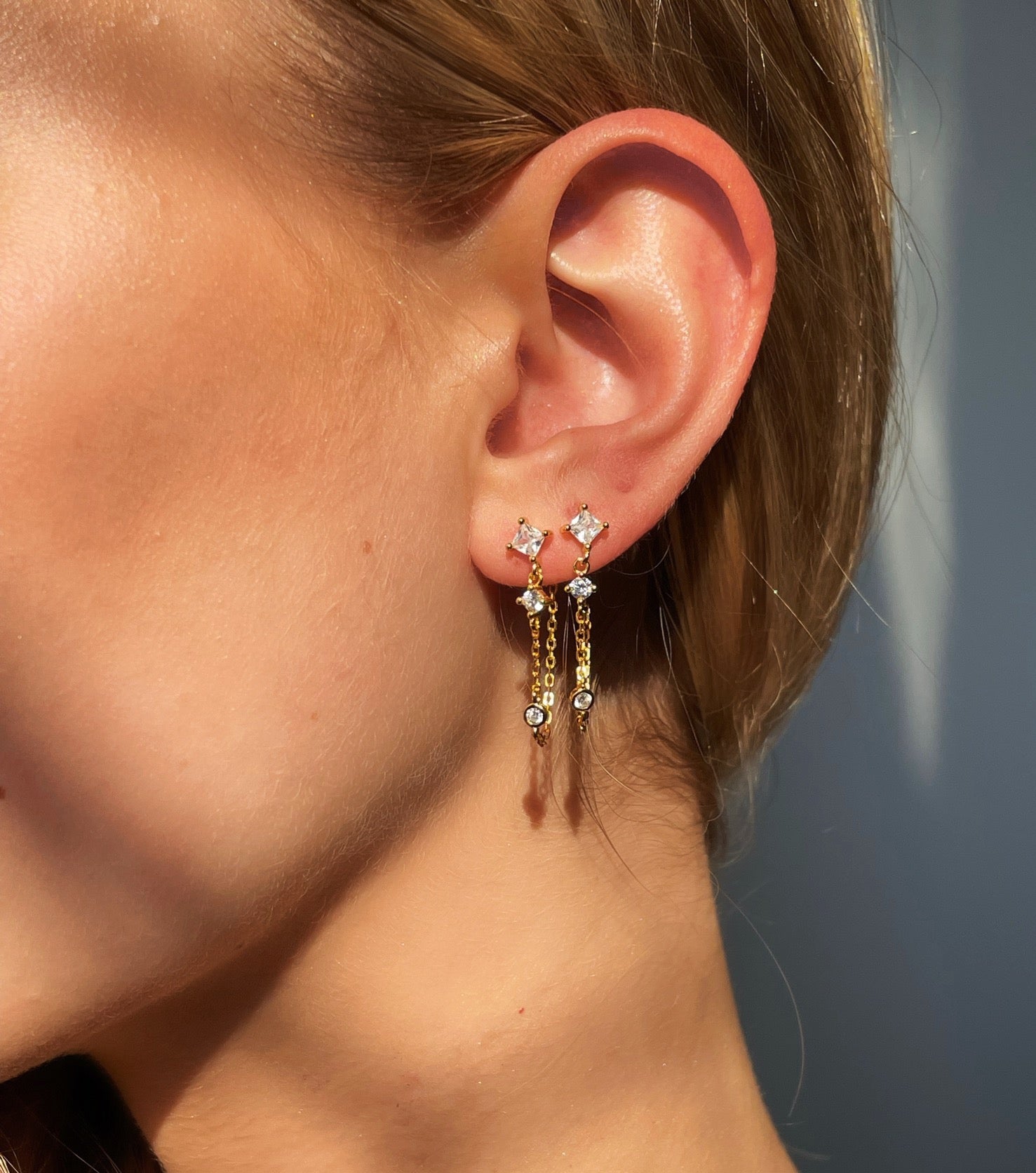 KIMBERLY | S925 Sterling Silver 18ct Gold Plated I Stud Drop Chain Earring (Pair)