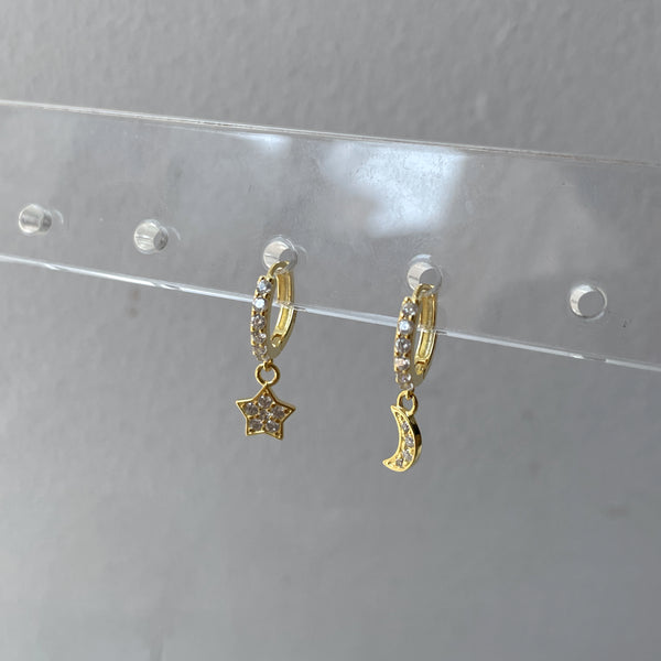 CERELIA | S925 Sterling Silver |18k Gold/Platinum Plated I Cubic Zirconia | Star and Moon Huggie | Earring