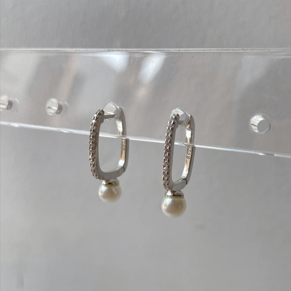 LITA | S925 Sterling Silver | Gold/Platinum Plated I Cubic Zirconia | Rectangular Pearl Huggie | Earring