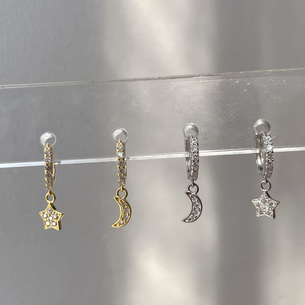 CERELIA | S925 Sterling Silver |18k Gold/Platinum Plated I Cubic Zirconia | Star and Moon Huggie | Earring