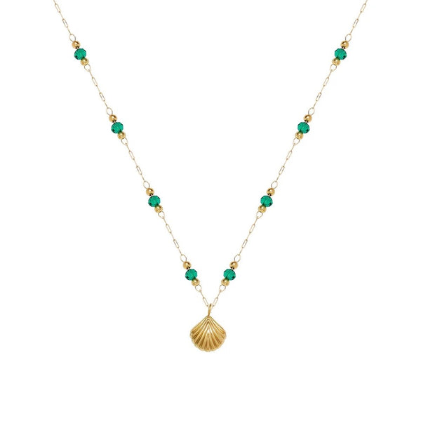 VACAY | Gold Shimmer and Green Bead Shell Charm | Tarnish Free | Dainty Necklace