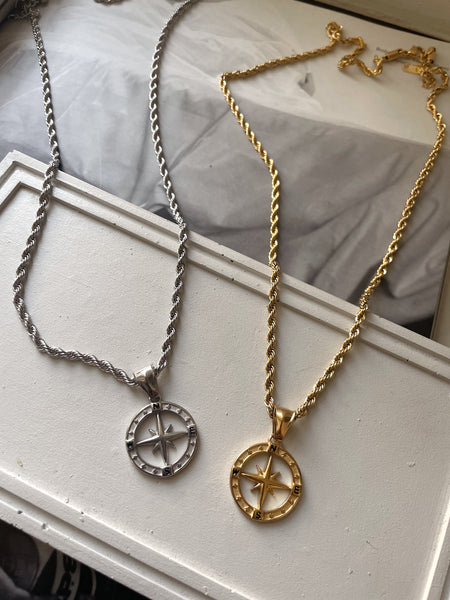 ADVENTURER | ZibaMan | Gold/Silver and Cubic Compass Pendant Rope Chain Necklace | Tarnish-Free