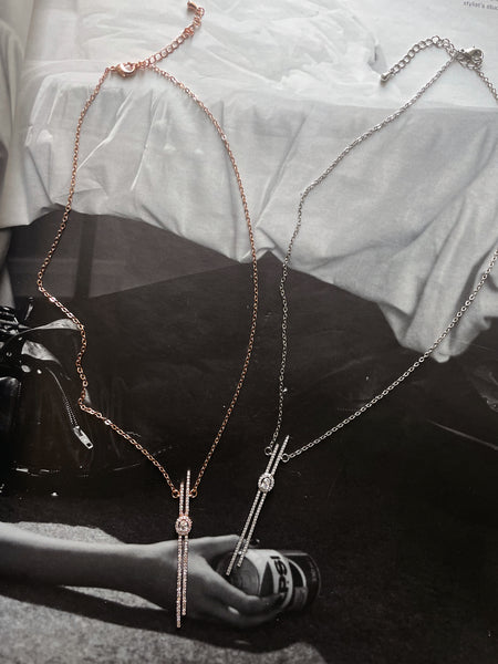 DIAMOND MILE | Silver/Rose-Gold Linear Pendant Luxury Necklace | AAA Grade Cubic Zirconia