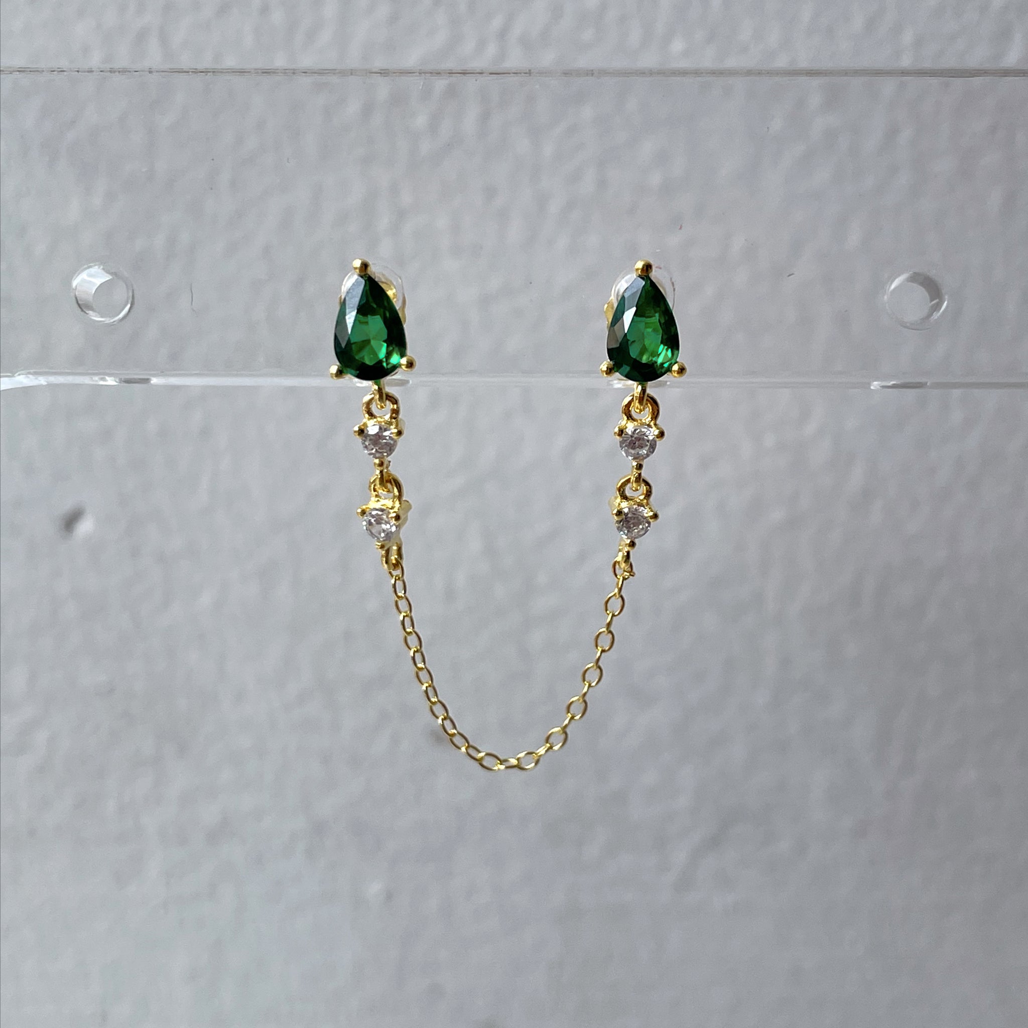 IRATI | S925 Sterling Silver | 18k Gold Plated I Emerald Cubic Zirconia | Teardrop Double Stud | Earring (Single Piece)