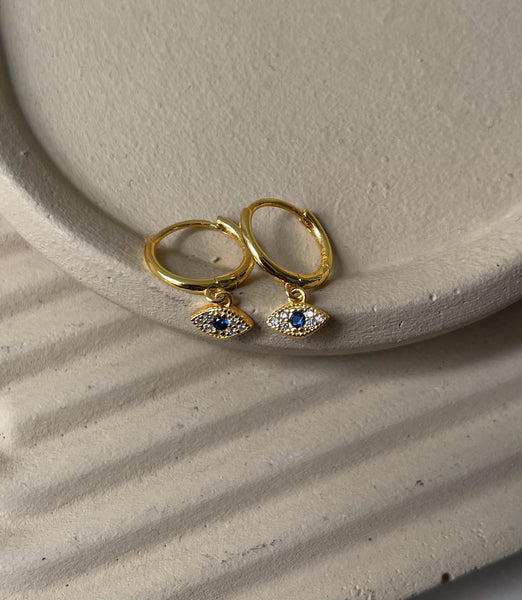 ANISHA | S925 Sterling Silver |18ct Gold/Silver Plated | Clear Cubic Encrusted | Evil Eye Huggies | Earring