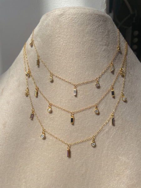 MEADOW | S925 Sterling Silver I 18ct Gold Plated I Clear/Lilac/Black Cubic Zirconia | Rectangular Charm Necklace
