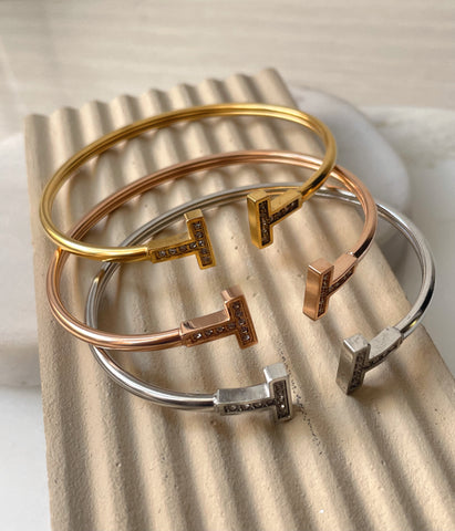 T-BAR | Tarnish Free | Stainless Steel | Gold Plated | Gold/Silver/Rose-Gold Encrusted | Open Cuff Bangle