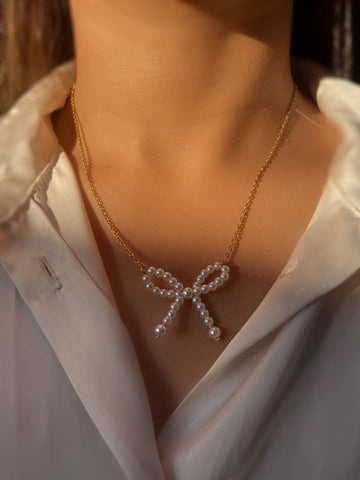 MODERN MUSE | Tarnish Free| Gold Pearl Bow | Necklace