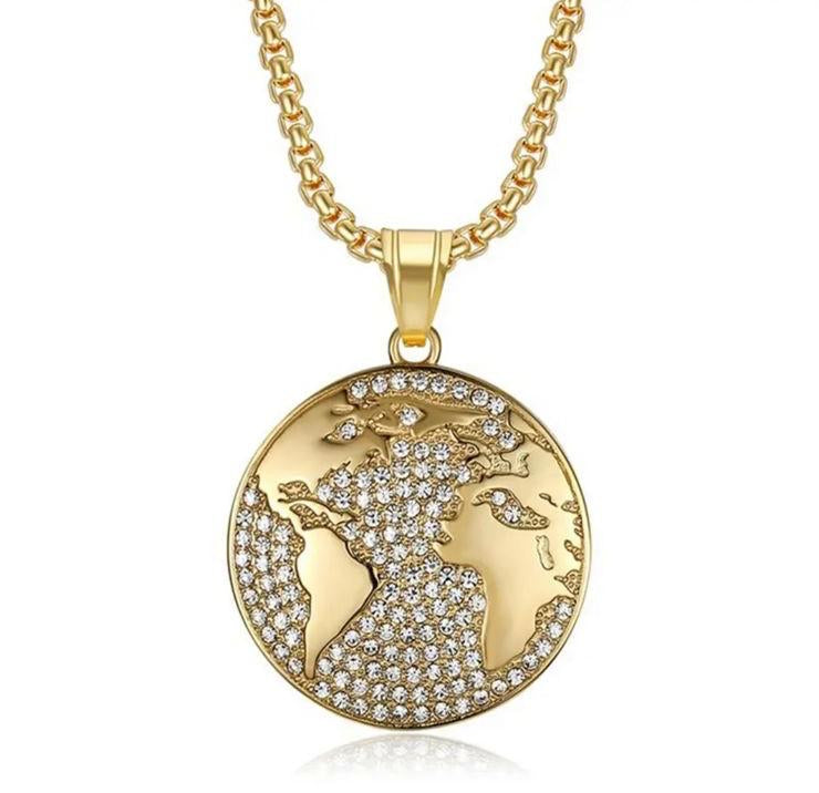 MR WORLDWIDE | ZibaMan | Gold and Cubic Zirconia Map Pendant Box-Link Necklace | Tarnish-Free