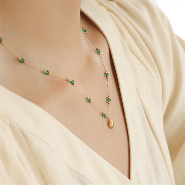 VACAY | Gold Shimmer and Green Bead Shell Charm | Tarnish Free | Dainty Necklace