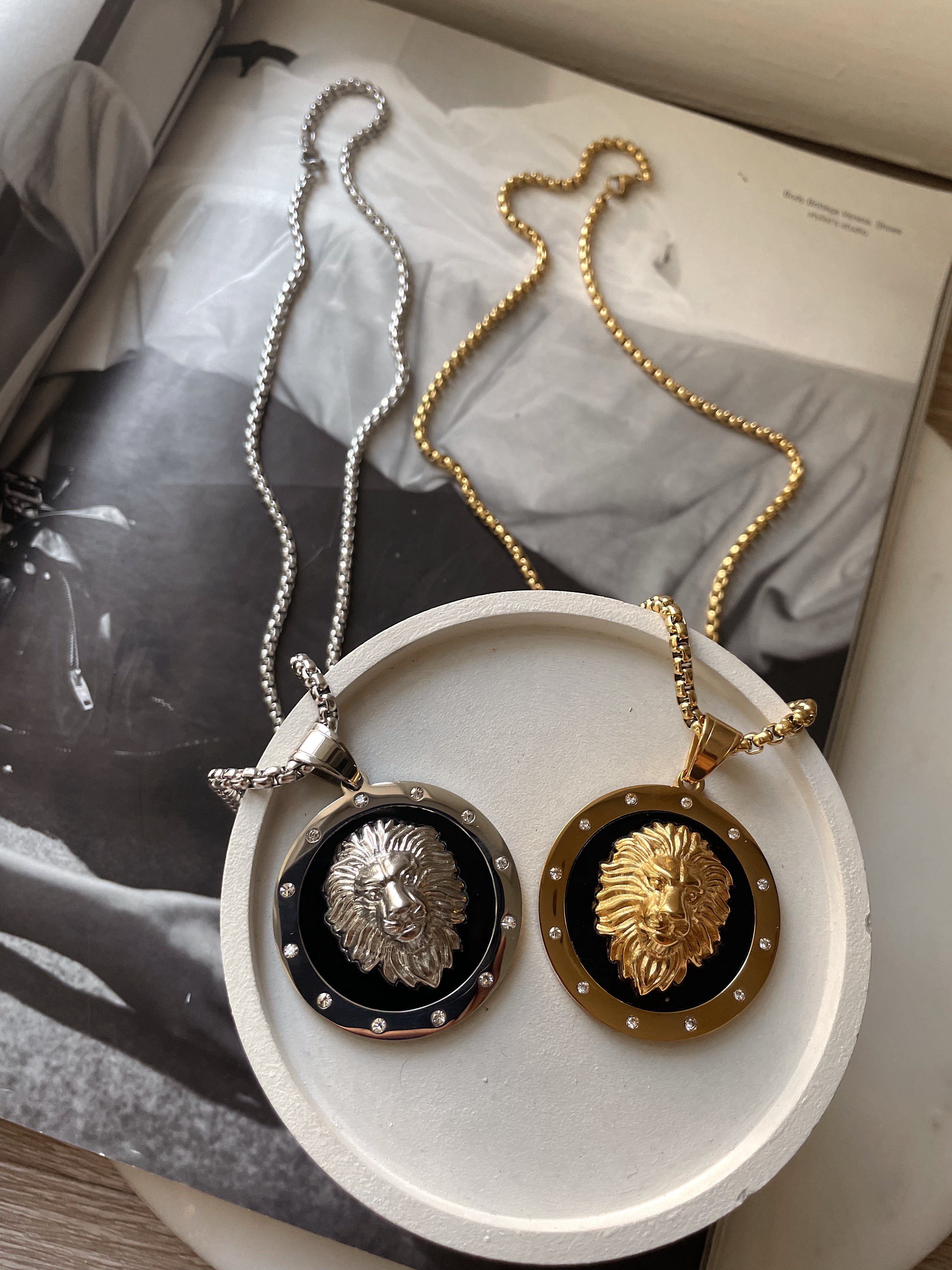 GIANNI | ZibaMan | Gold/Silver and Black Lions Head Pendant Necklace | Cubic Zirconia | Tarnish-Free