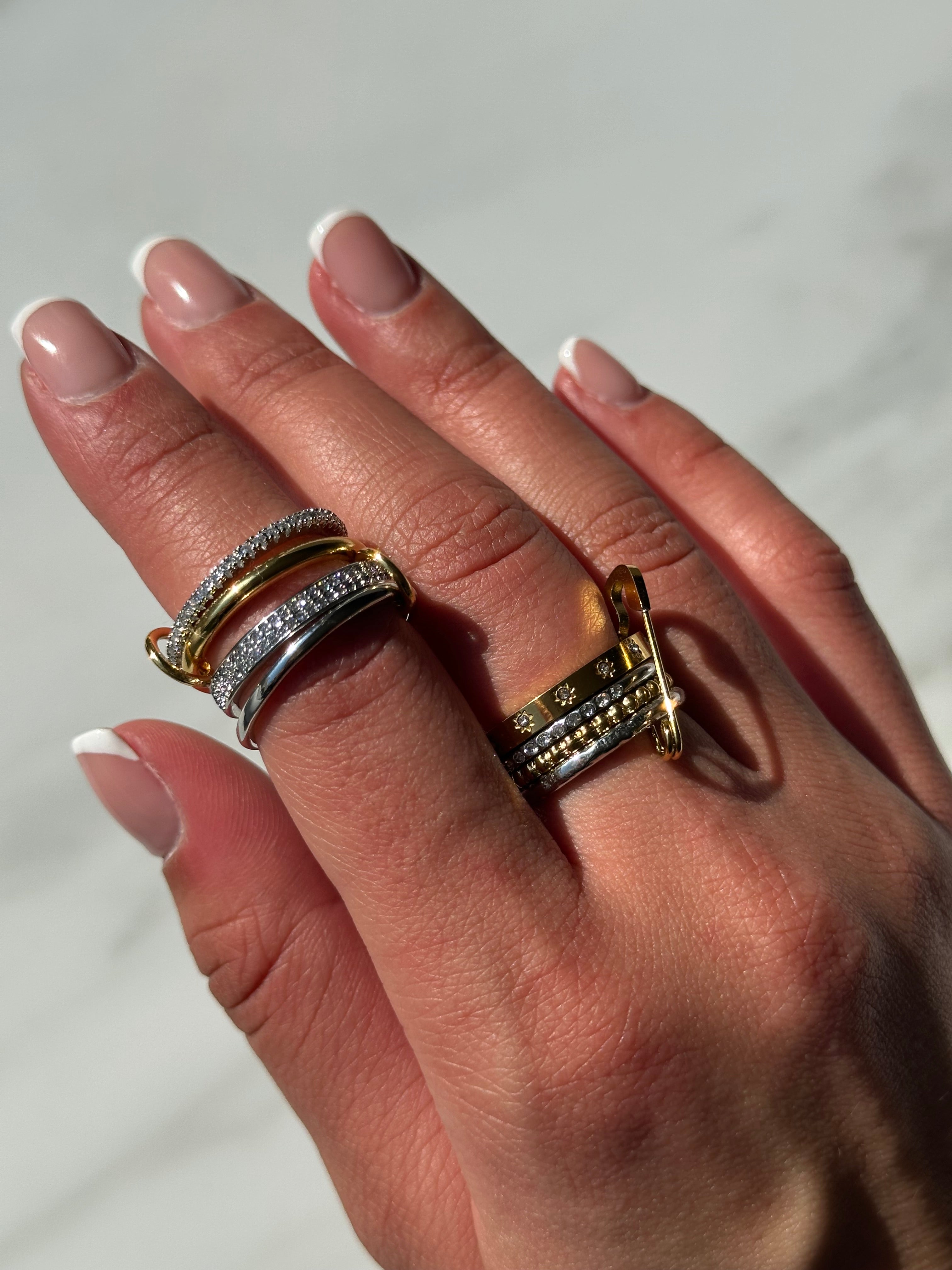 SPINARA| Tarnish-free|Linked 4 layer eternity band| Gold and Silver Safety Pin Ring