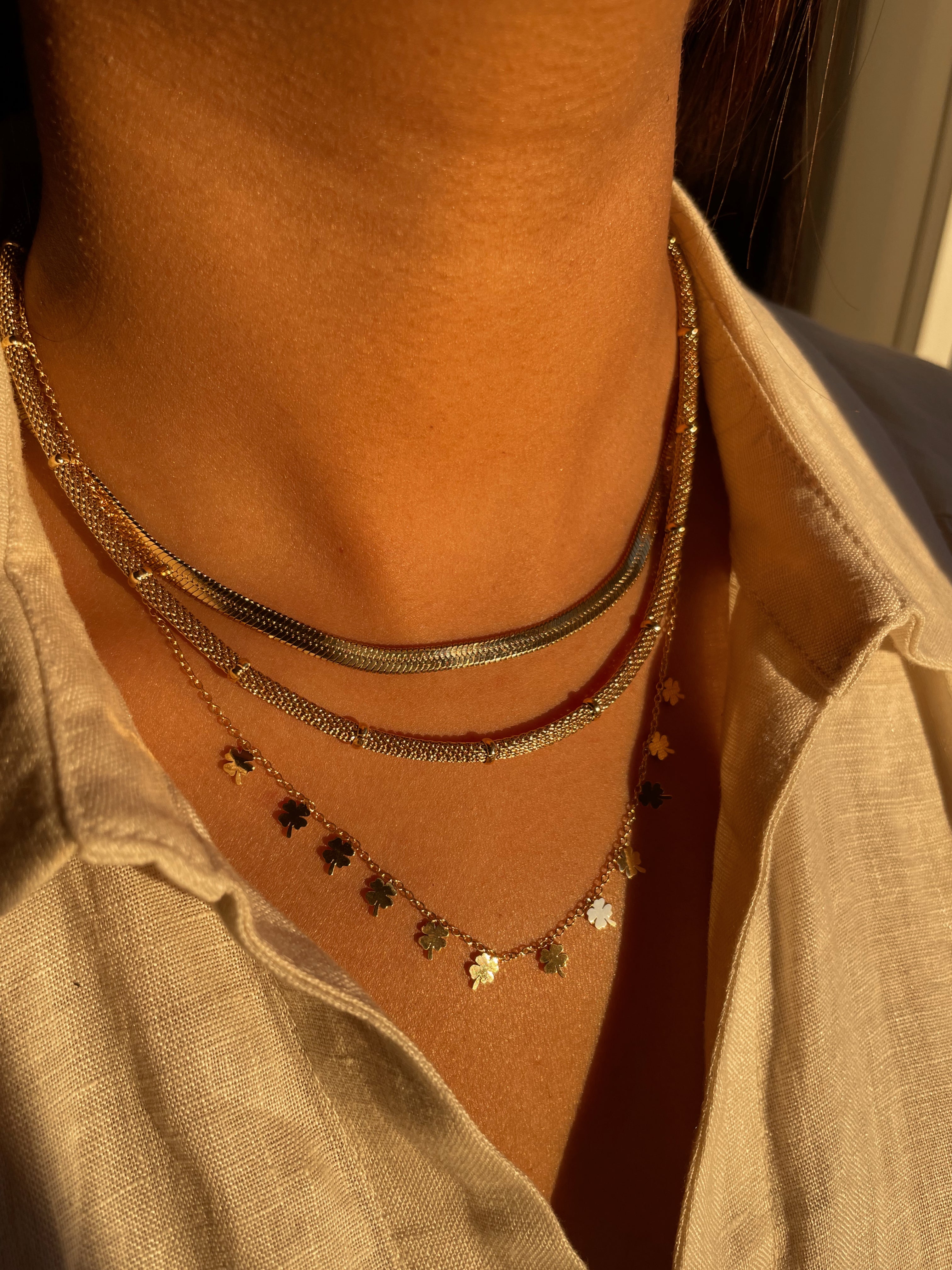 LUCKY CHARM | Tarnish Free | Stainless Steel | Gold Multi-Mini Four Leaf Flower | Necklace