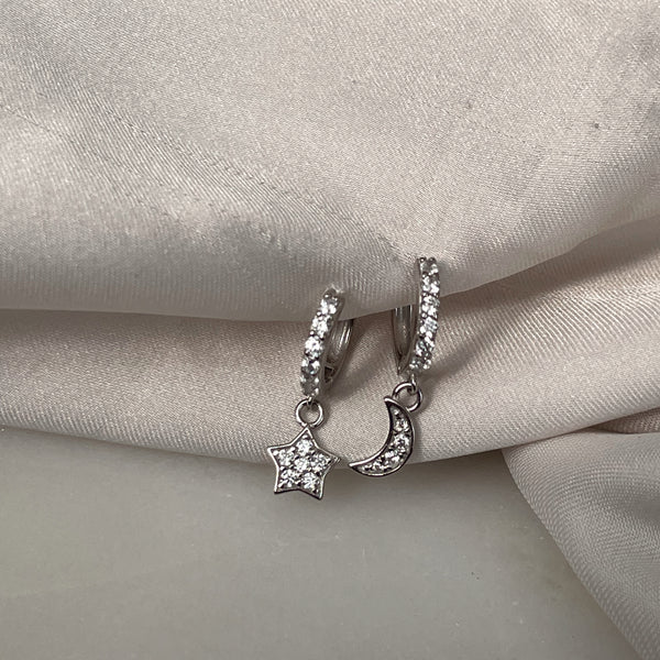 CERELIA | S925 Sterling Silver |18k Gold/Platinum Plated I Cubic Zirconia | Star and Moon Huggie | Earring