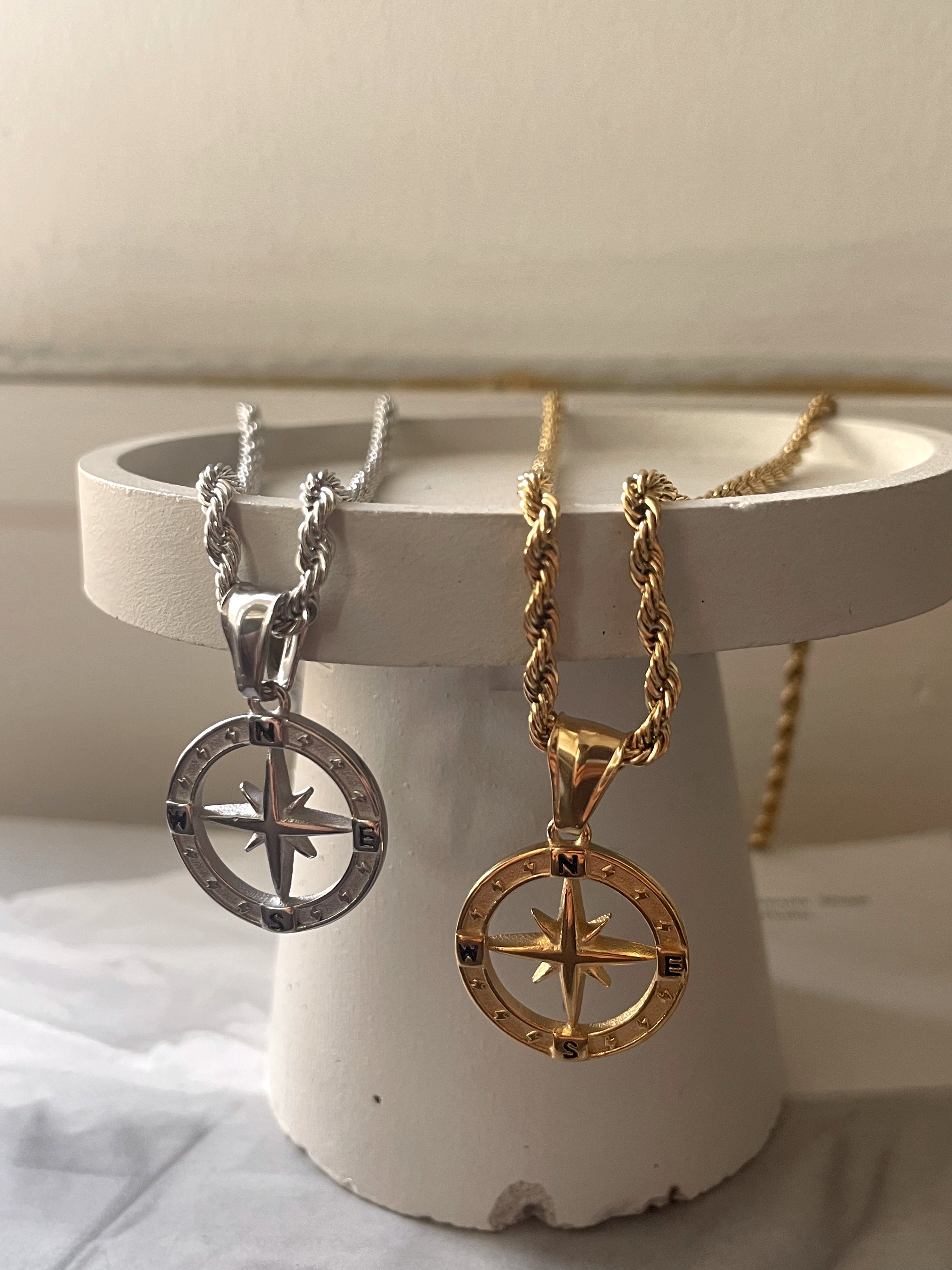ADVENTURER | ZibaMan | Gold/Silver and Cubic Compass Pendant Rope Chain Necklace | Tarnish-Free